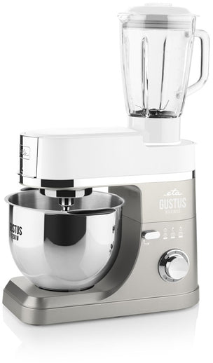 Konyhai mixer turmixgép tartozékkal. Ezüst és fehér színek. Fehér háttér.