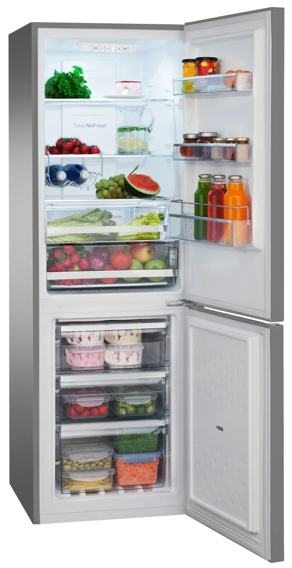 Lodówka z otwartymi drzwiami, wypełniona jedzeniem. Widoczne owoce, warzywa i butelki.