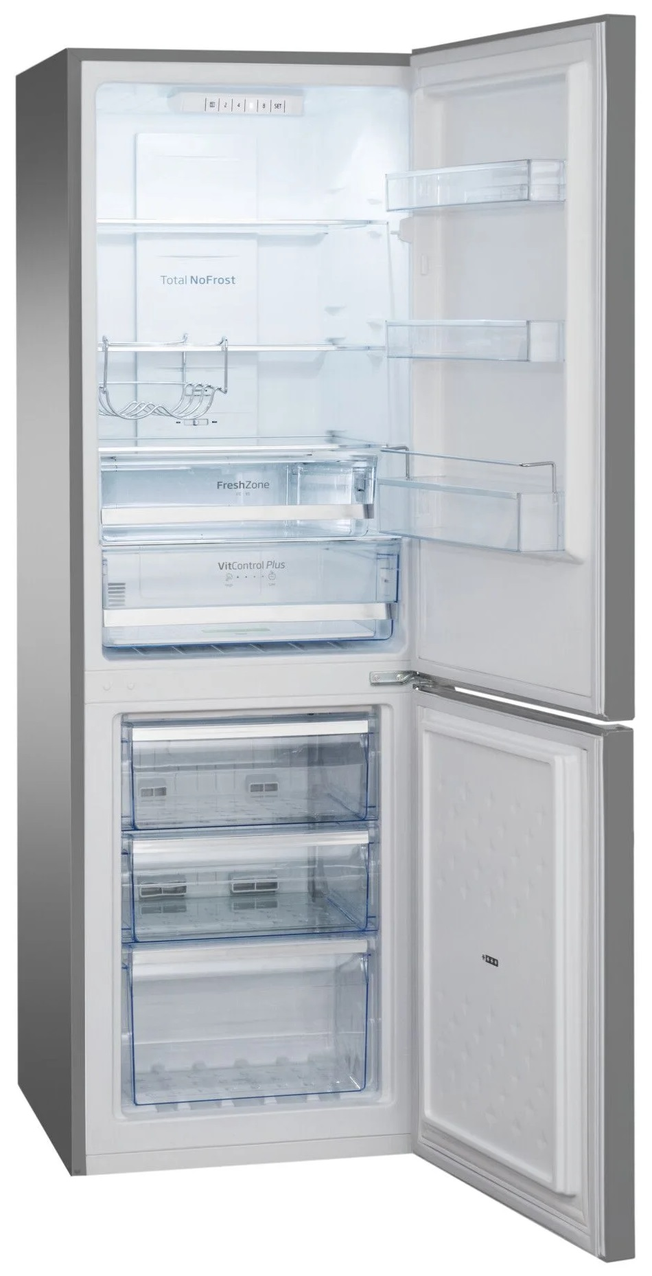 Srebrna lodówka z otwartymi drzwiami, widoczne półki i szuflady.