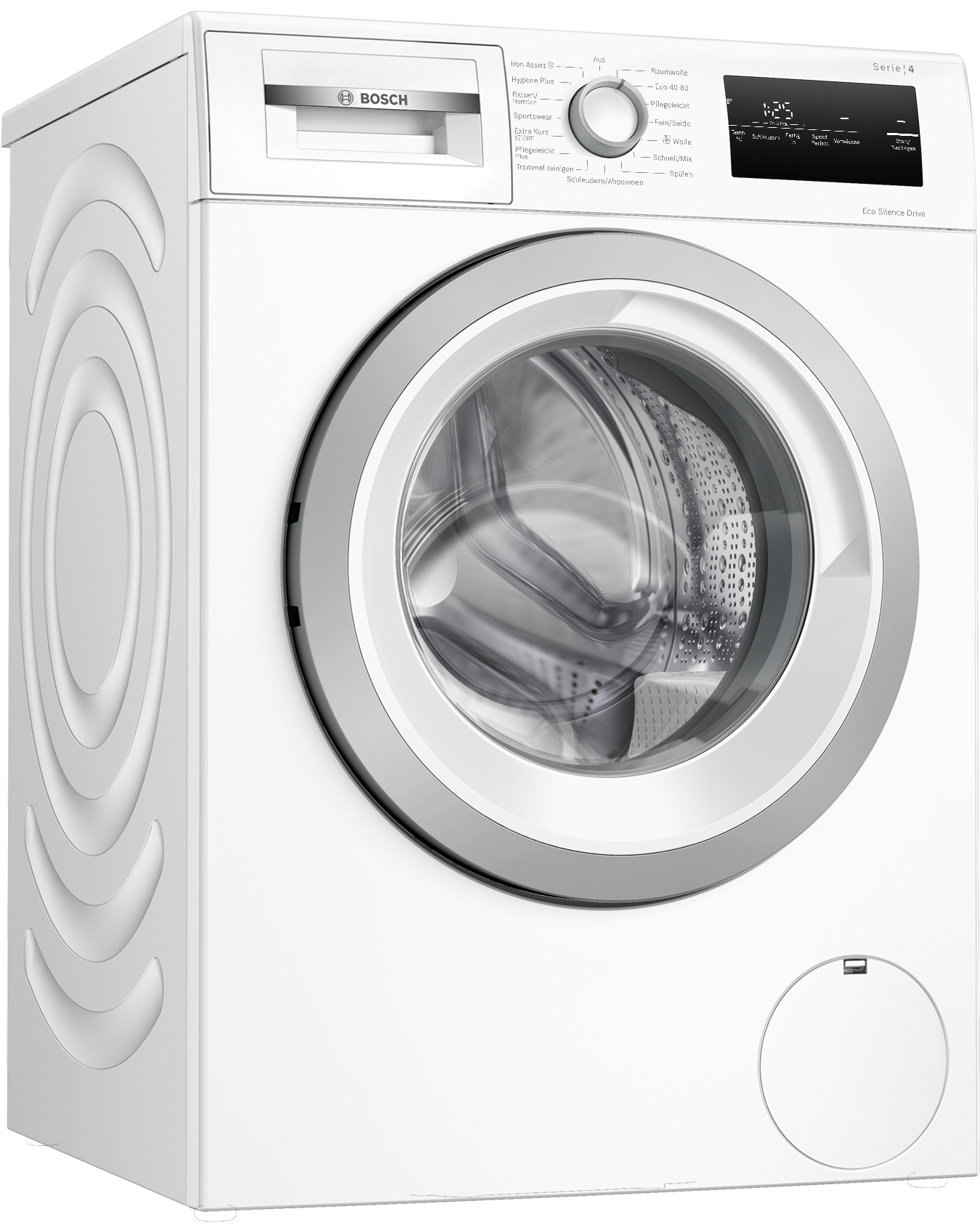 Weiße Bosch Waschmaschine mit silberner Tür. Es hat ein Bedienfeld mit Knöpfen und ein Display.