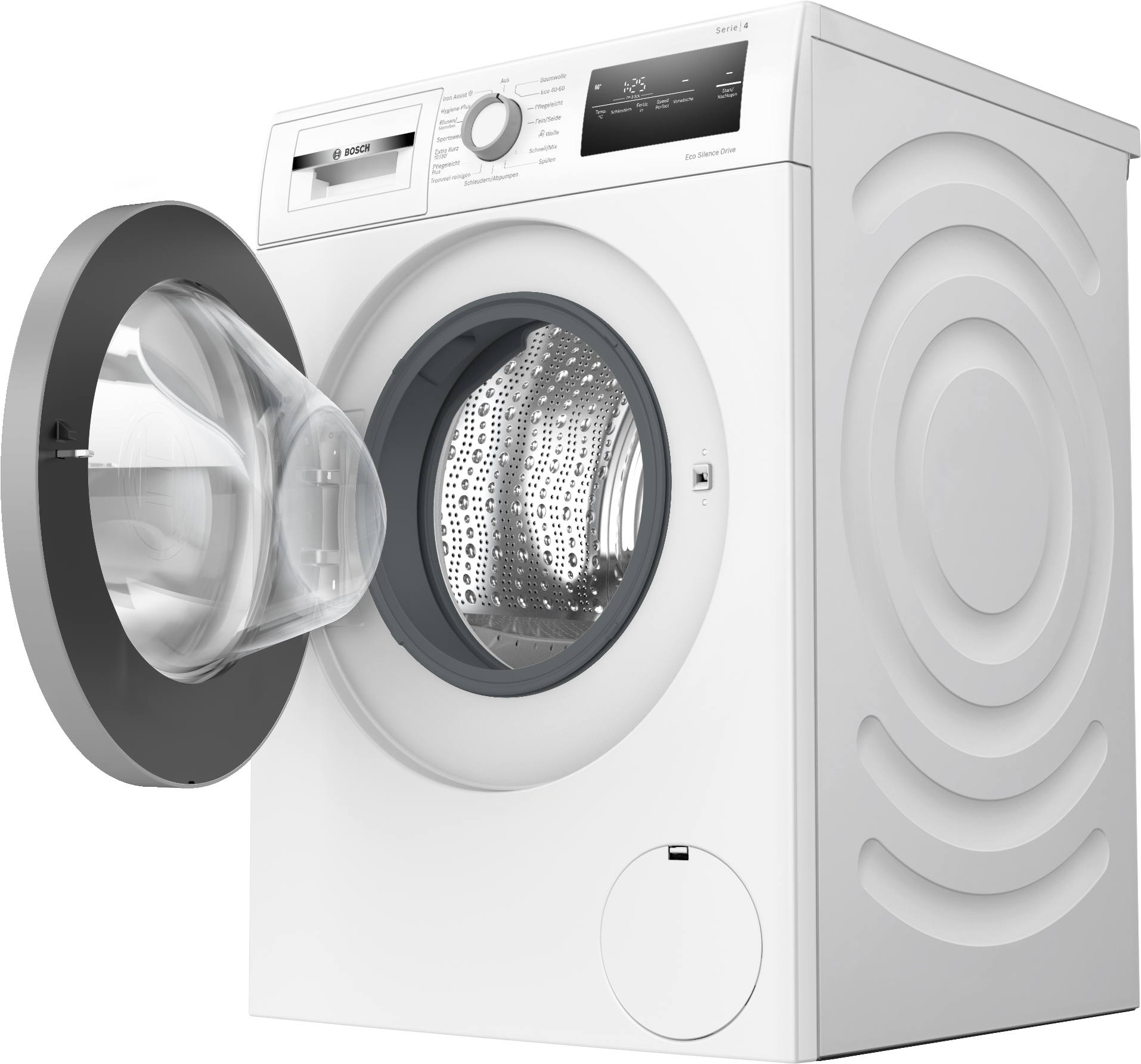 Weiße Waschmaschine mit offener Tür. Innen ist eine Metalltrommel sichtbar.