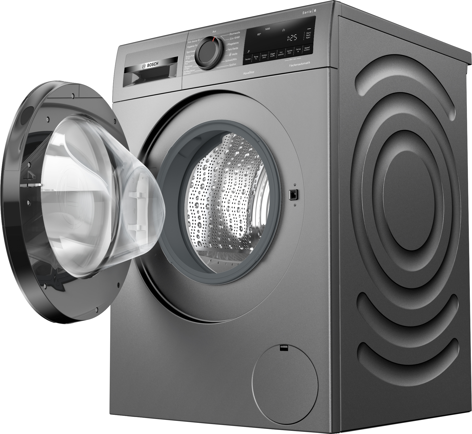 Graue Waschmaschine mit offener Tür, Trommel sichtbar.
