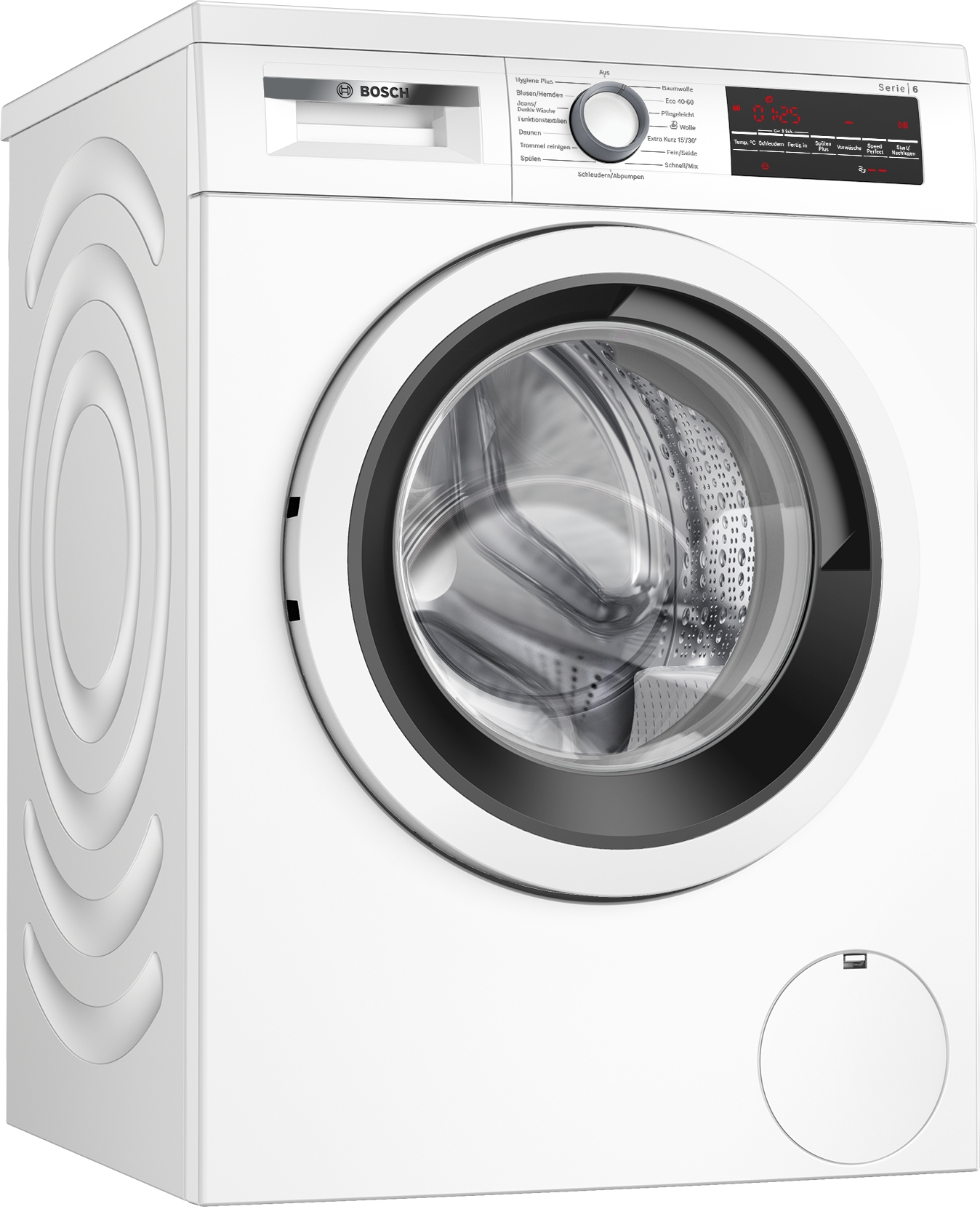 Eine weiße Bosch Waschmaschine. Sie hat eine runde schwarze Tür und ein Bedienfeld.