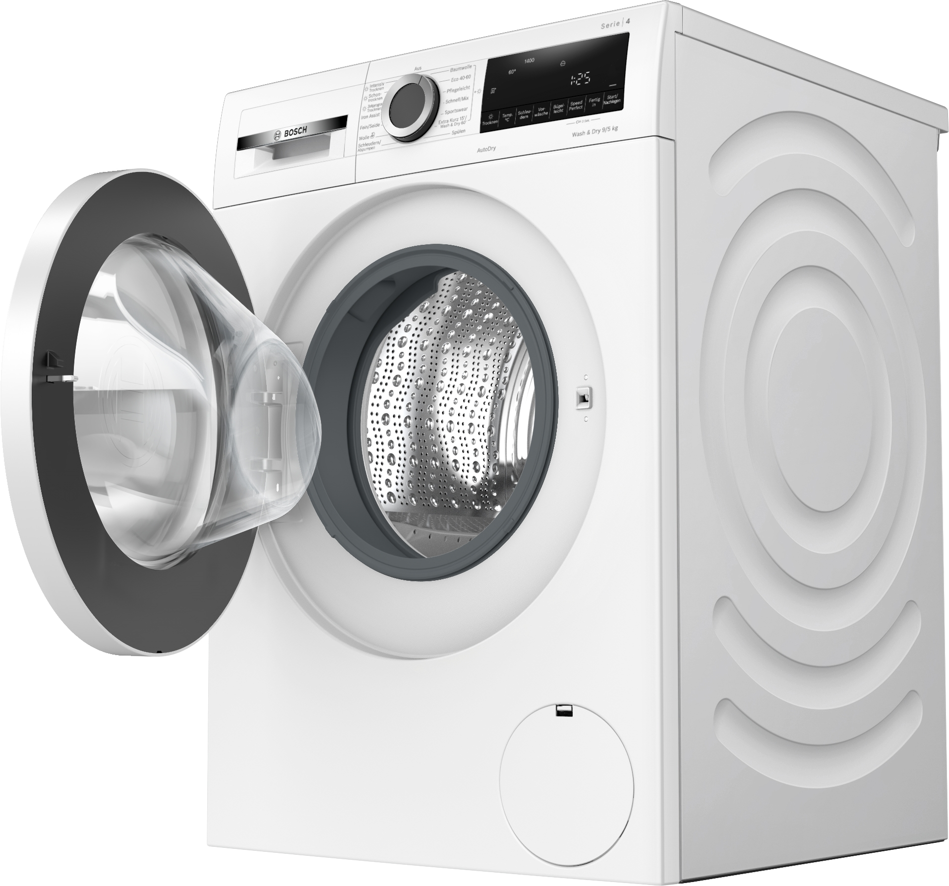 Weiße Bosch Waschmaschine mit offener Tür. Die Trommel ist sichtbar.