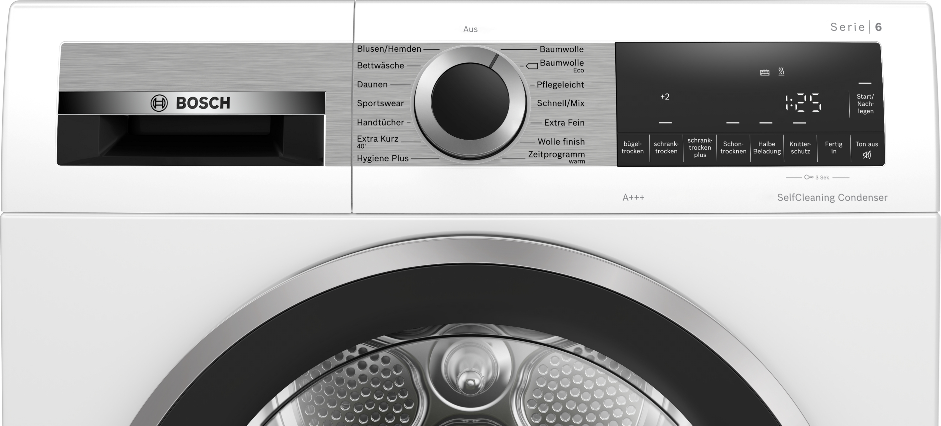 Nahaufnahme des Bedienfelds einer weißen Bosch Waschmaschine mit verschiedenen Programmen.