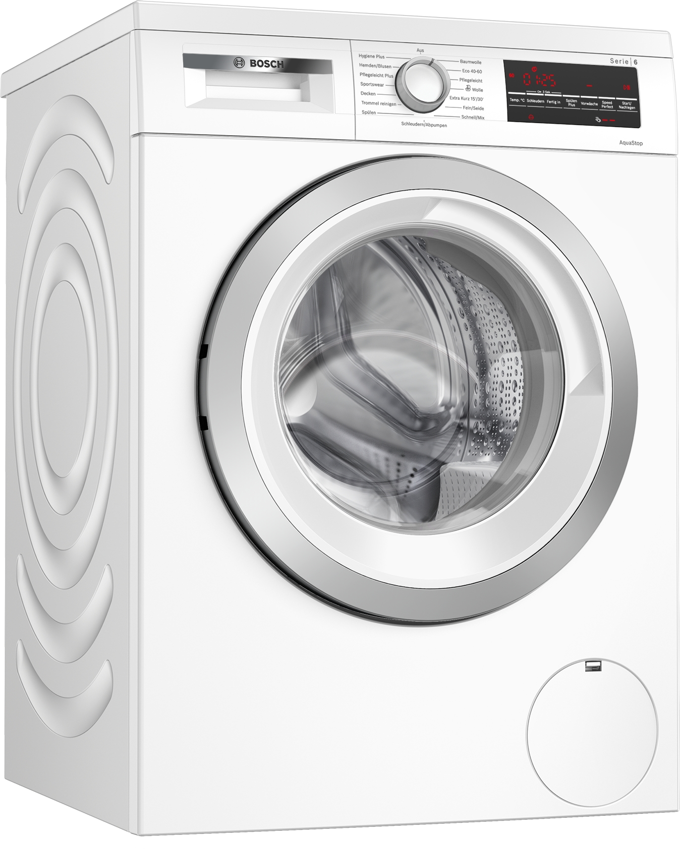 Weiße Waschmaschine, Vorderansicht, runde Tür, Bedienfeld.