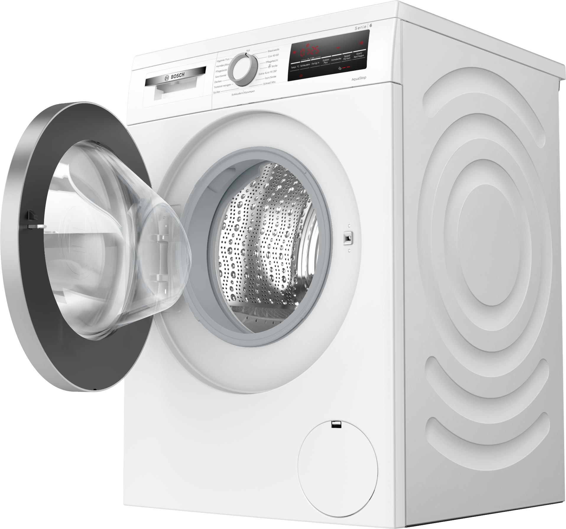 Weiße Bosch Waschmaschine, Tür offen. Anzeige zeigt Einstellungen. Trommel sichtbar.