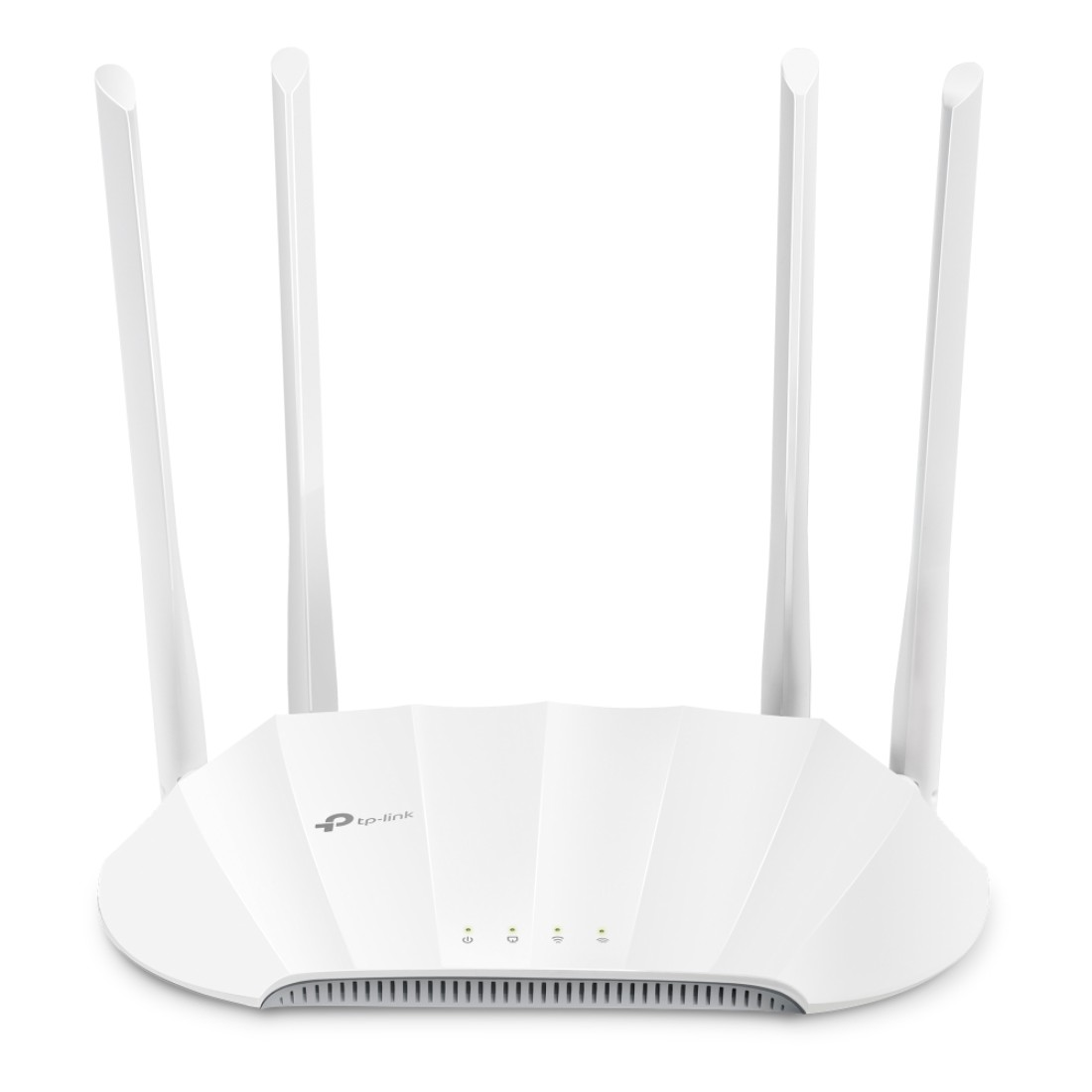 Ein weißer TP-Link-Router mit vier Antennen vor weißem Hintergrund.