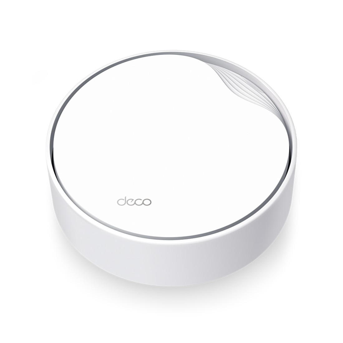 Ein weißer Deco-Router auf weißer Oberfläche.