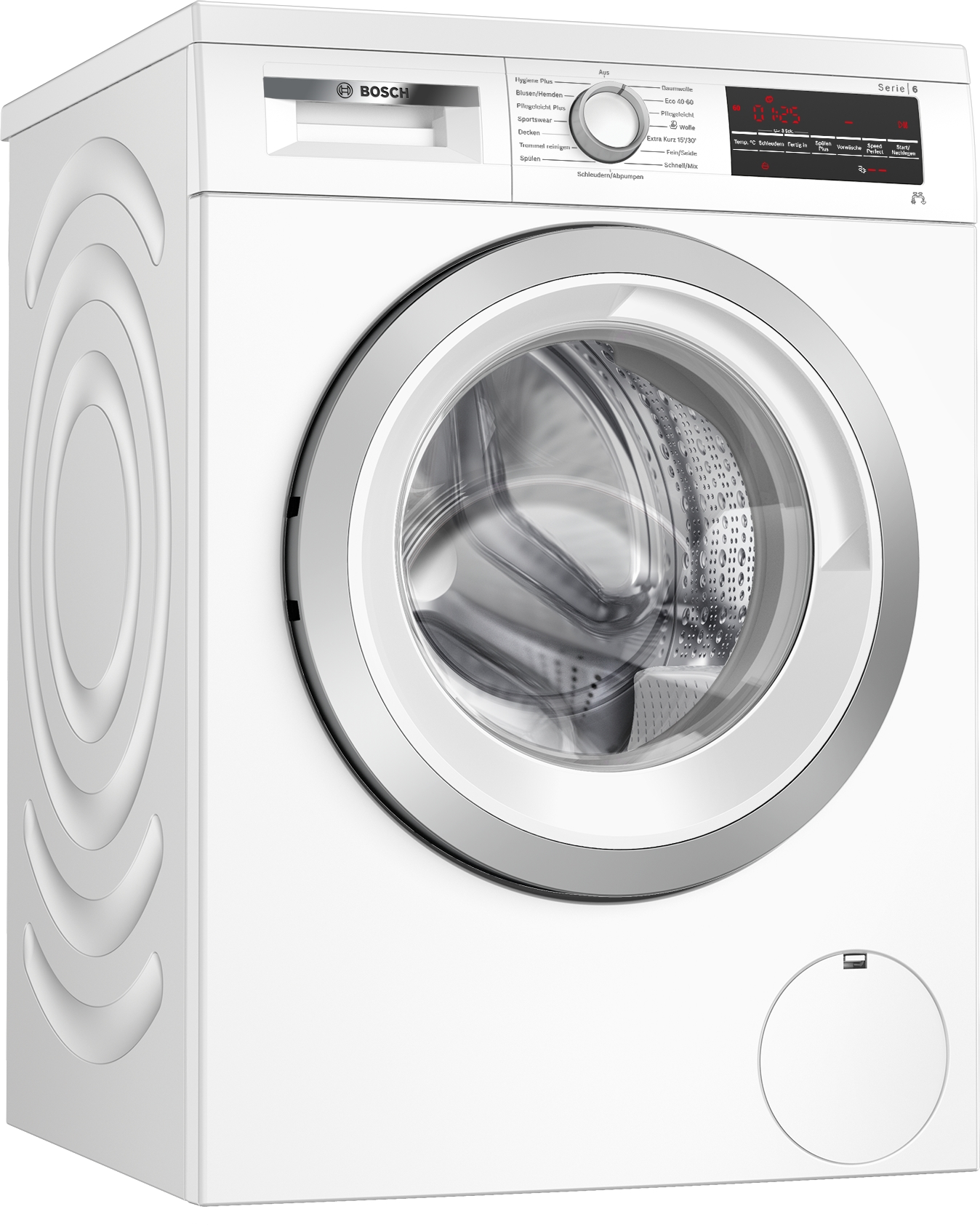 Eine weiße Bosch Serie 6 Waschmaschine. Sie hat eine runde Glastür, ein Bedienfeld und eine Waschmittelkammer.