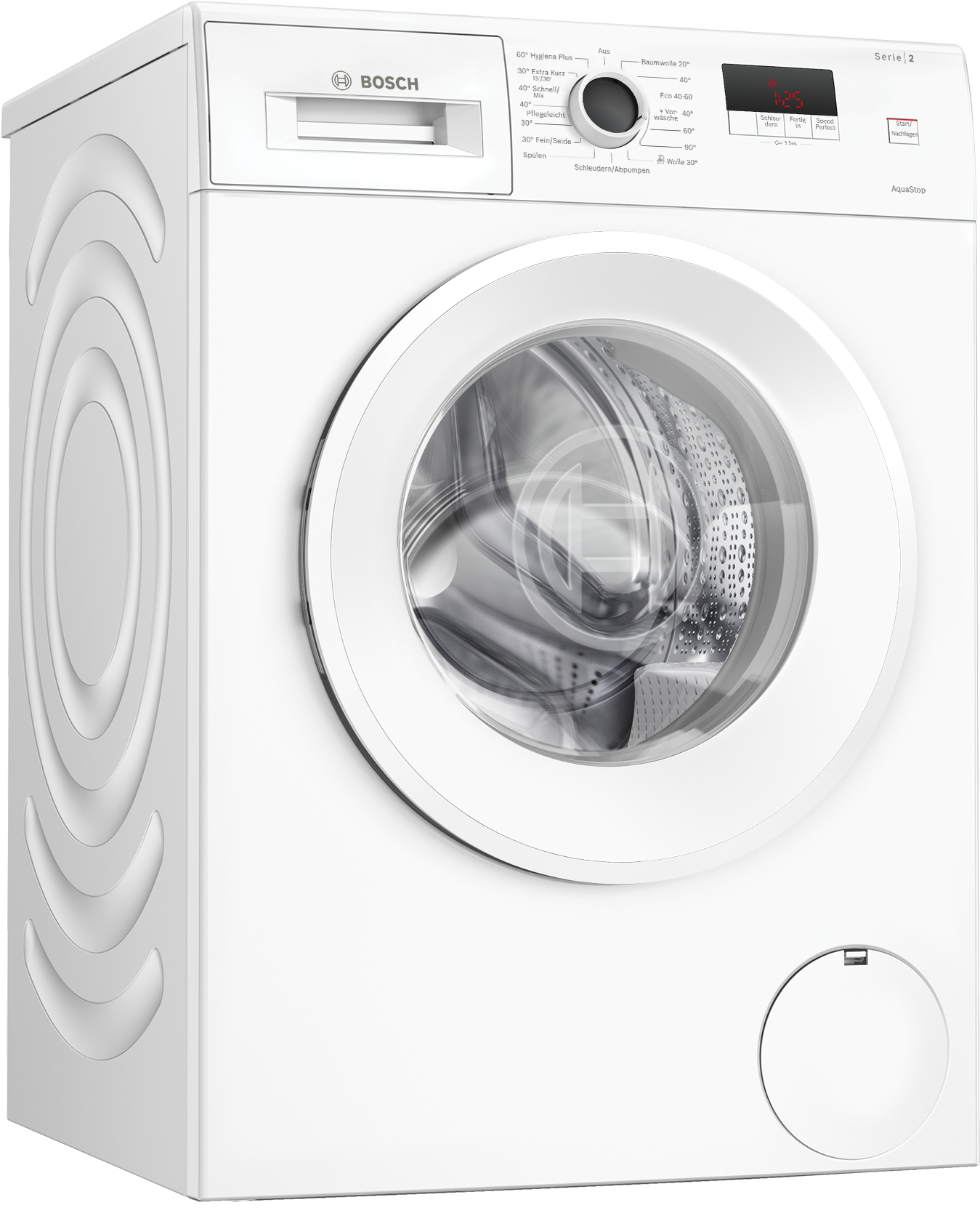 Weiße Waschmaschine mit Bedienelementen und Tür.
