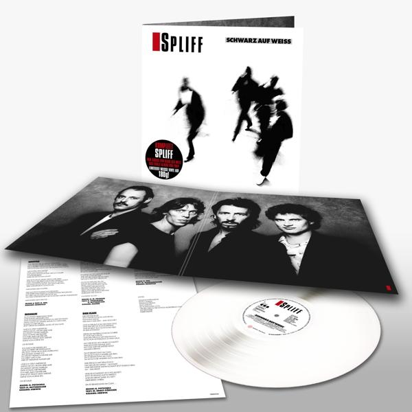 Albumcover von Spliff, schwarz-weiß. Zeigt Bandmitglieder, Albumtitel und eine Schallplatte.