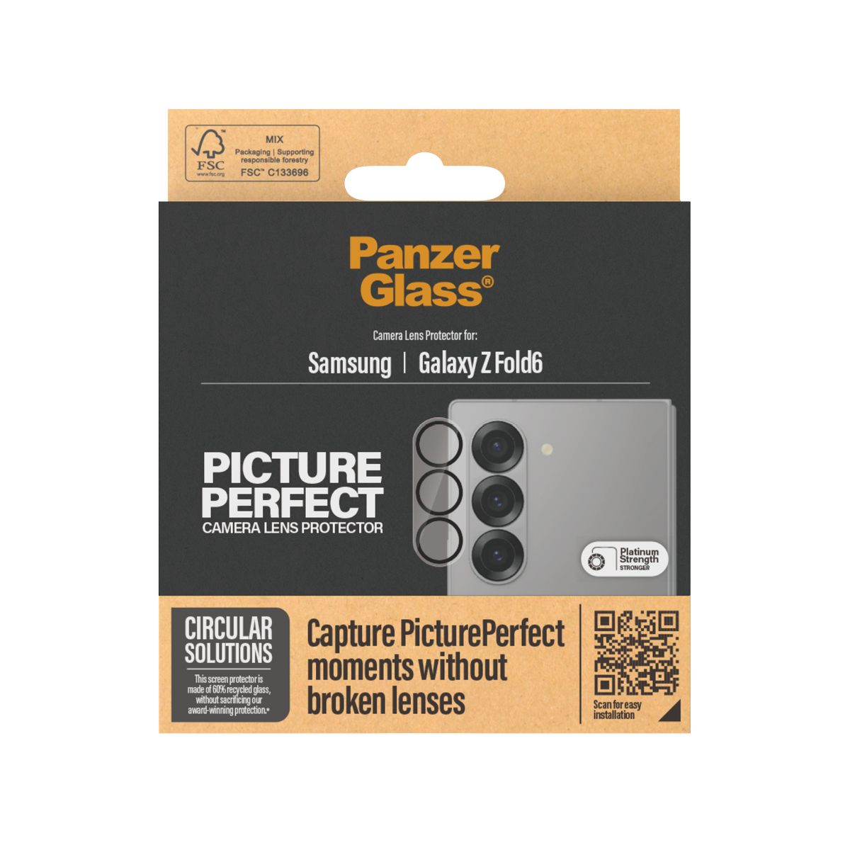 Verpakking van PanzerGlass schermbeschermer voor Samsung Galaxy Z Fold6, met cameralensdetails.