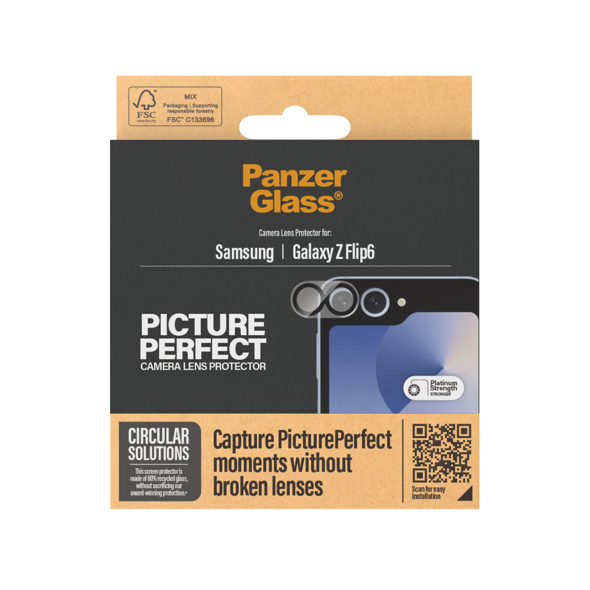 Verpakking van PanzerGlass cameralensbeschermer voor Samsung Galaxy Z Flip6.