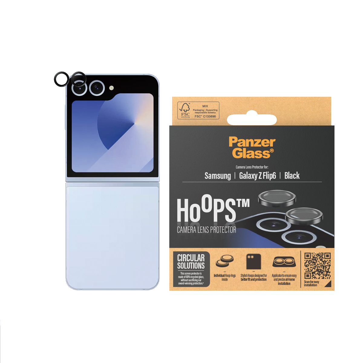 Samsung Galaxy Z Flip6 telefoon en cameralensbeschermers. Zwarte Hoops cameralensbeschermers.