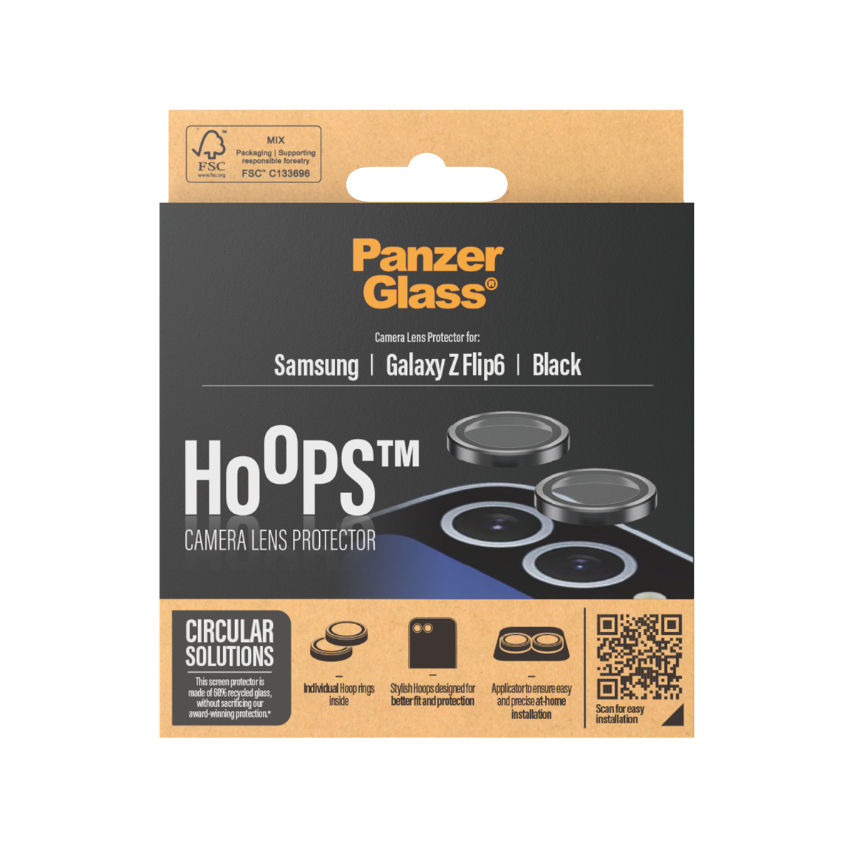 Doos toont Panzer Glass schermbeschermer voor Samsung Galaxy Z Flip6.