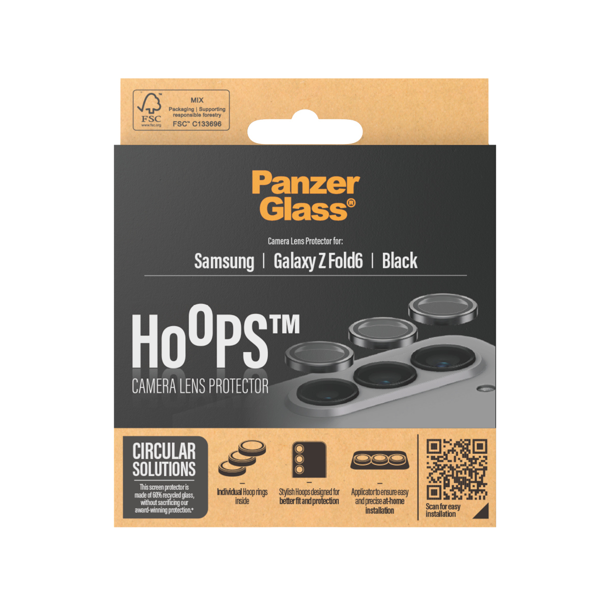 Emballage de protection d'écran PanzerGlass. Texte noir sur une boîte en carton marron.