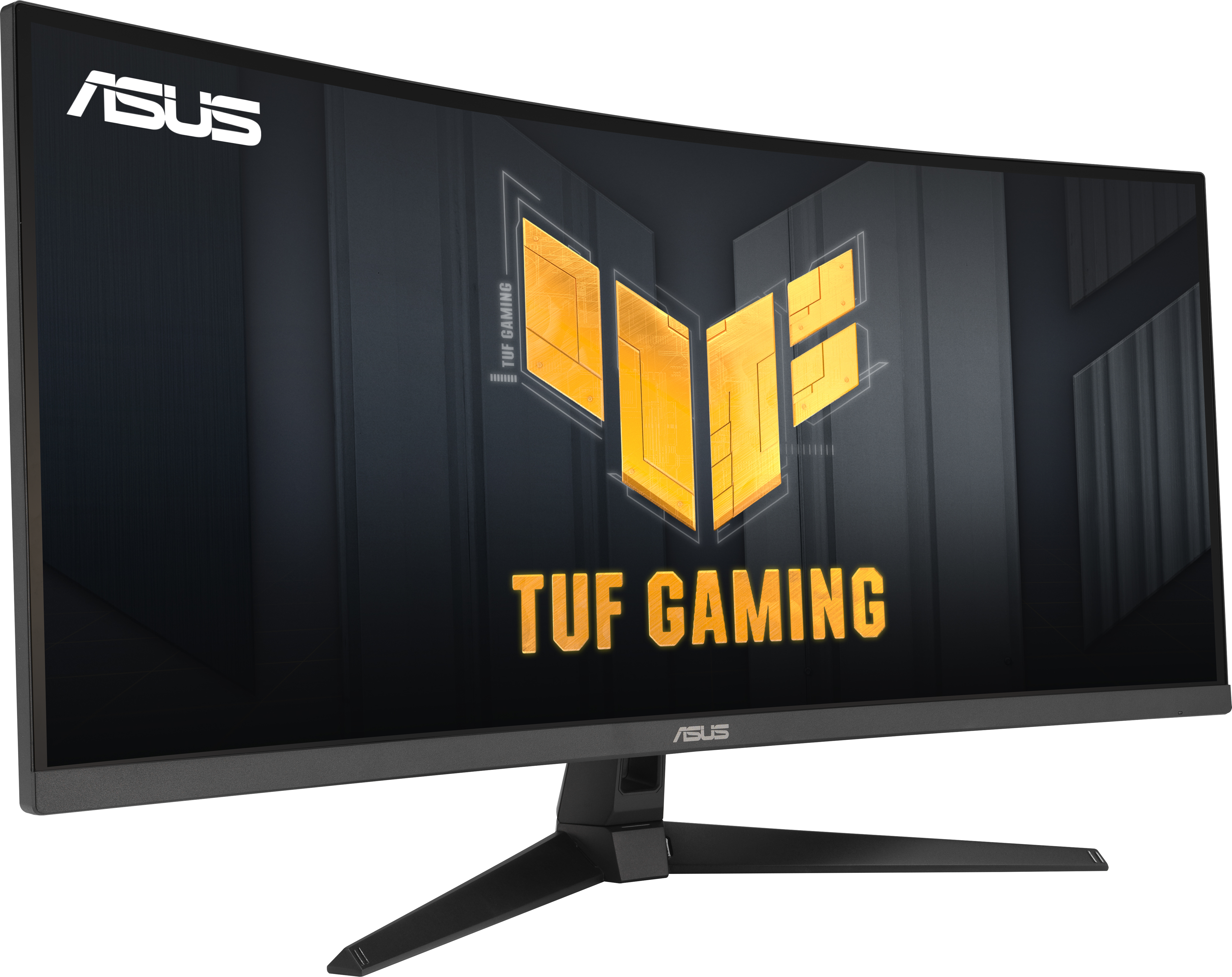 Ein gebogener ASUS TUF Gaming-Monitor mit gelbem TUF Gaming-Logo und schwarzem Hintergrund.