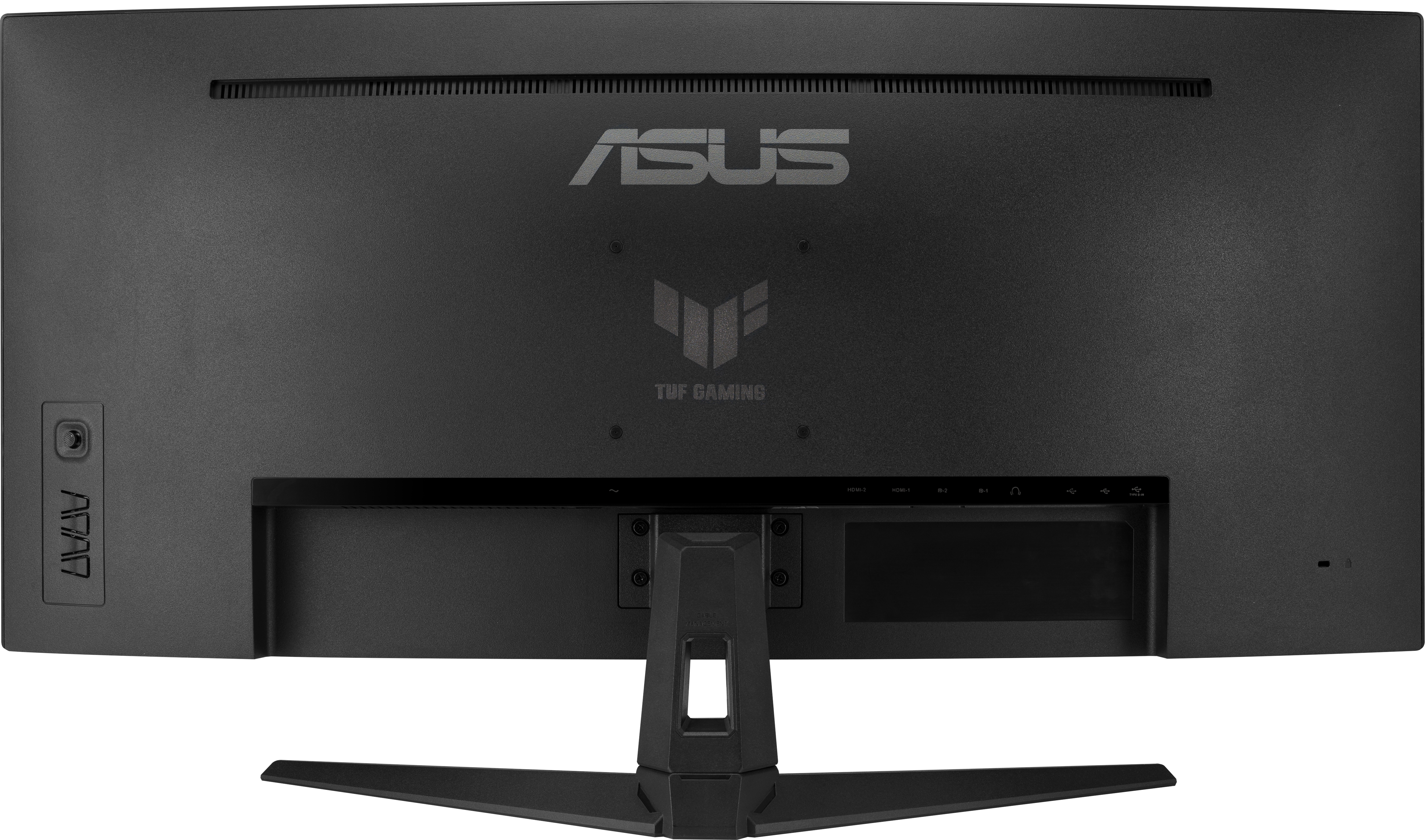 Rückseite eines schwarzen Asus TUF Gaming Monitors mit Standfuß, VESA-Halterung und Anschlüssen.