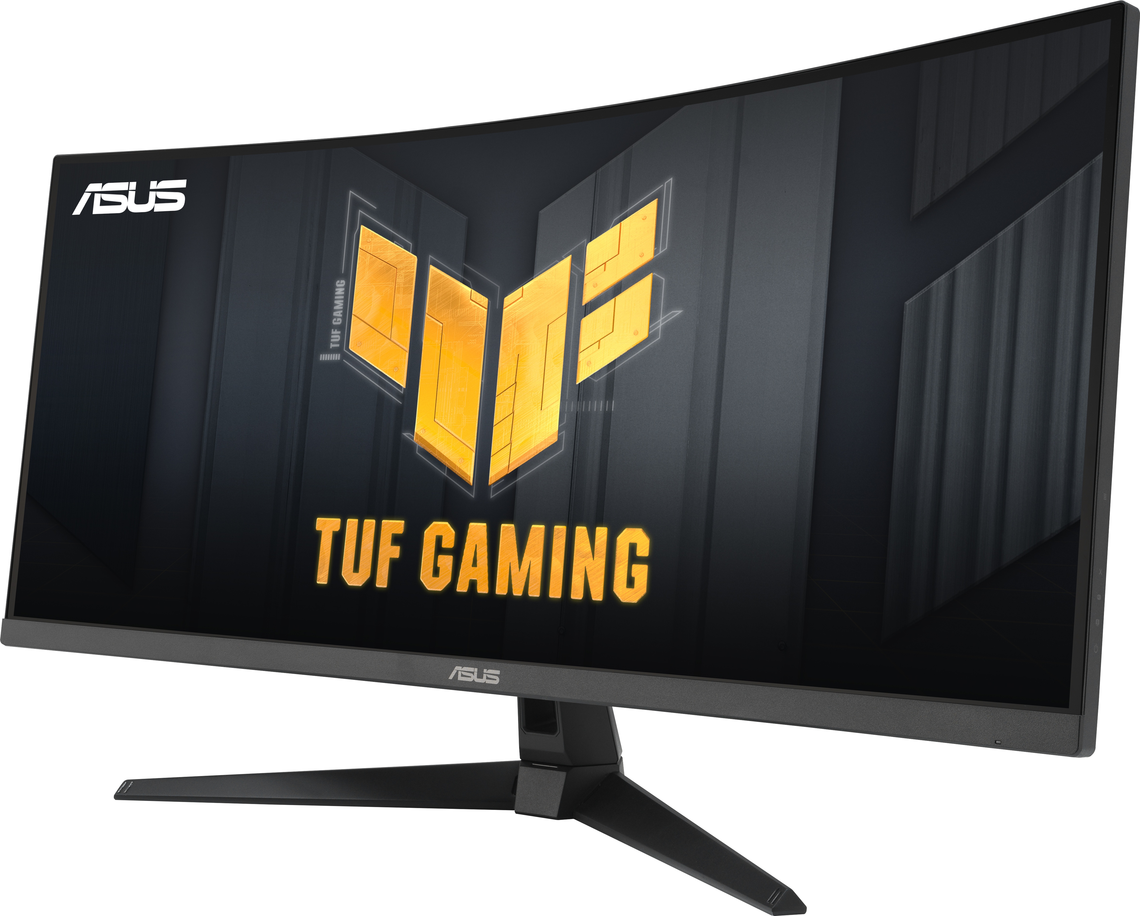 Gebogener Asus TUF Gaming Monitor mit goldenem Logo auf dem Bildschirm vor dunklem Hintergrund.