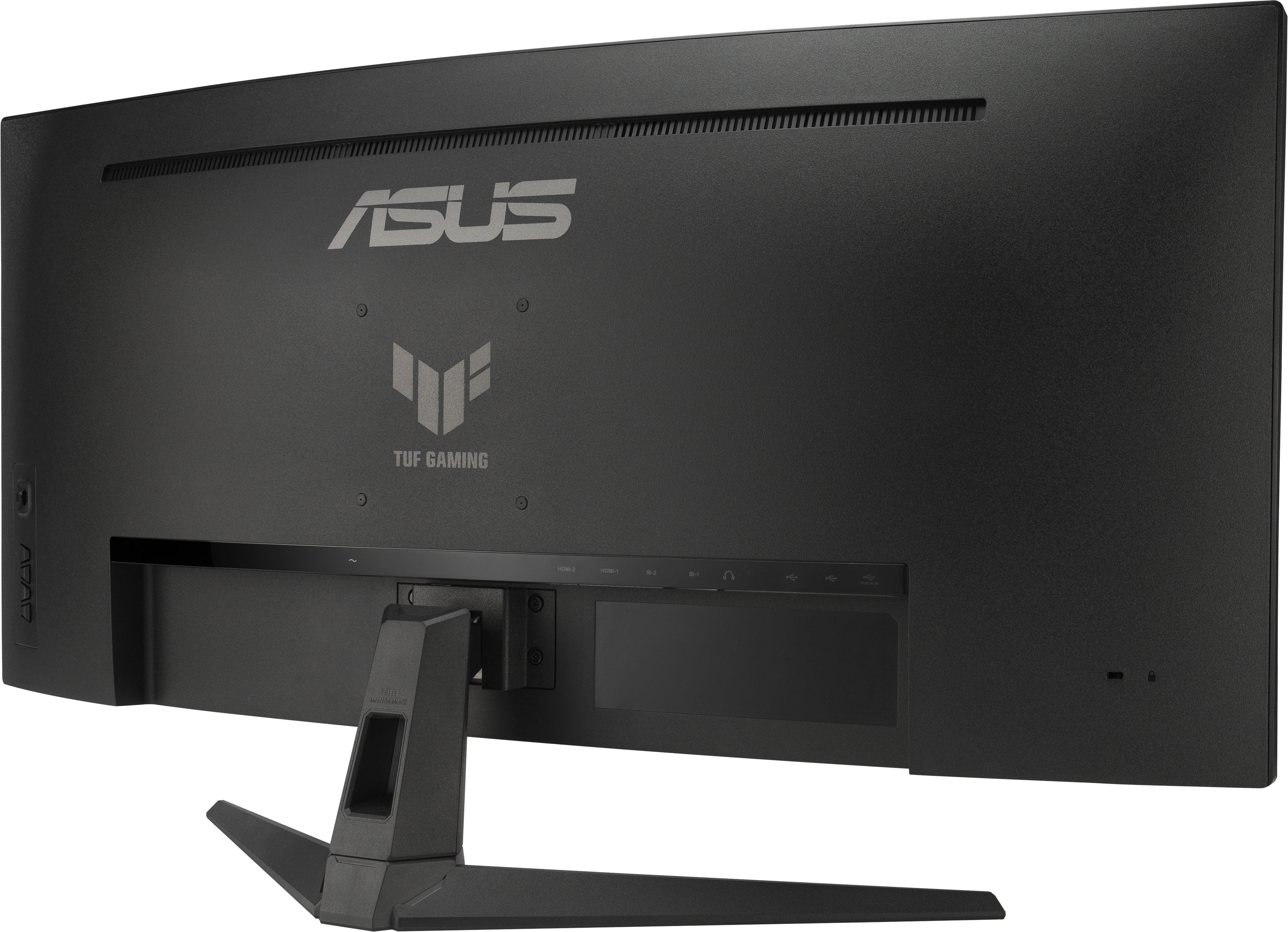 Die Rückseite eines schwarzen Asus TUF Gaming Monitors mit Standfuß, Logos und Anschlüssen.