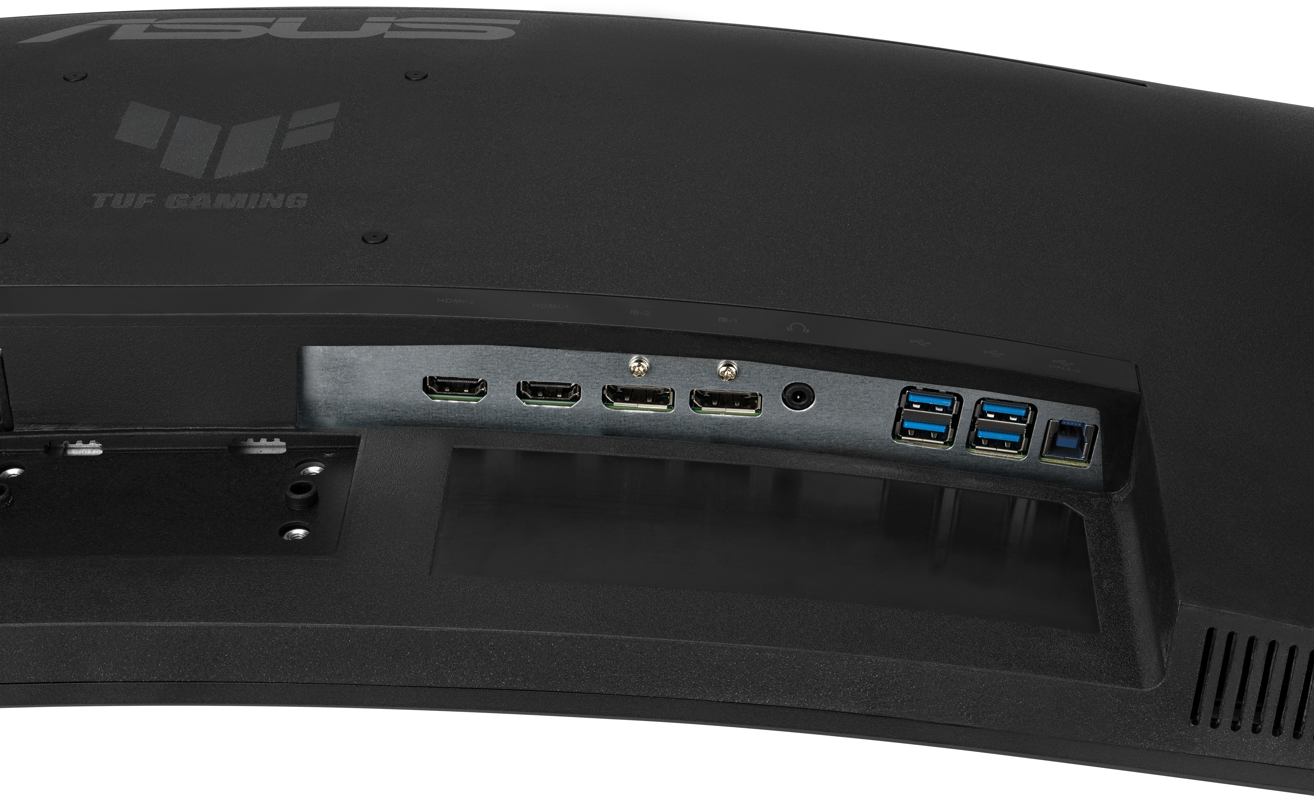 Rückseite eines schwarzen Monitors mit HDMI-, DisplayPort- und USB-Anschlüssen sowie ASUS TUF Gaming Logo.