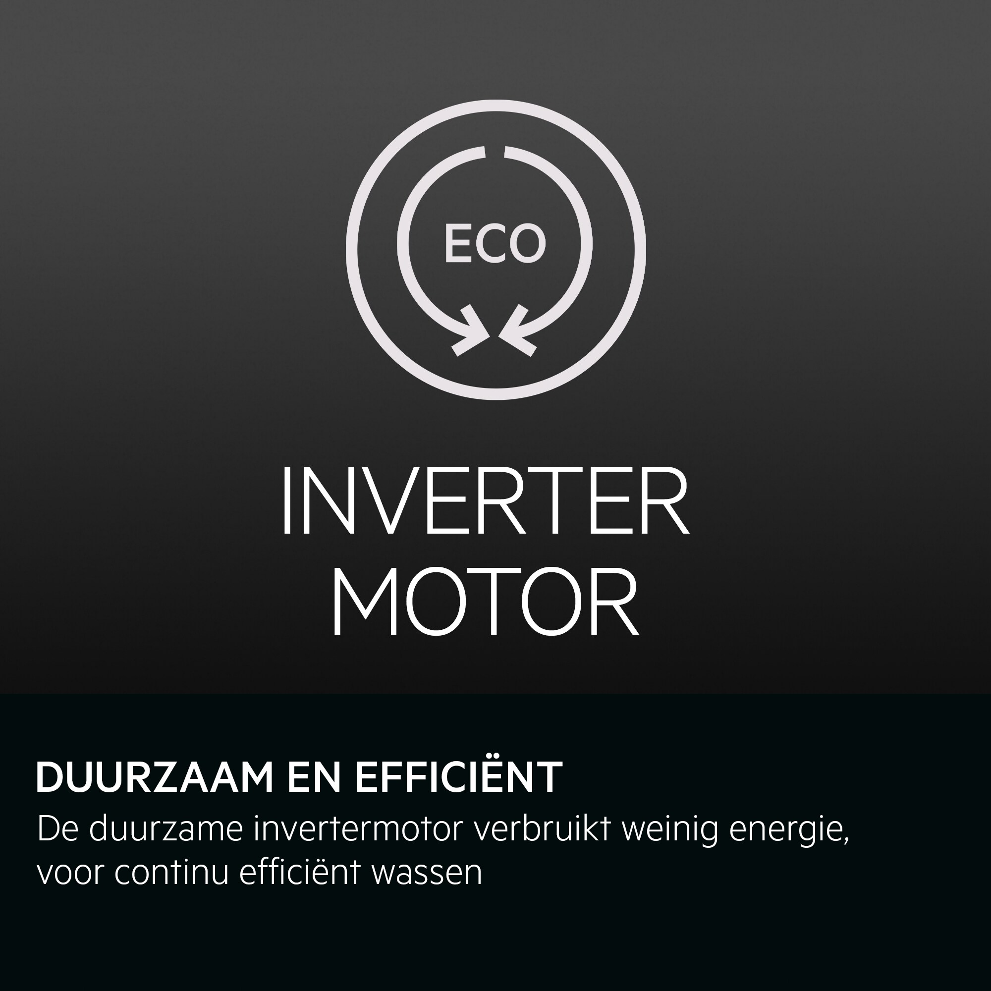 Wit logo met Eco en Inverter Motor tekst op donkere achtergrond.