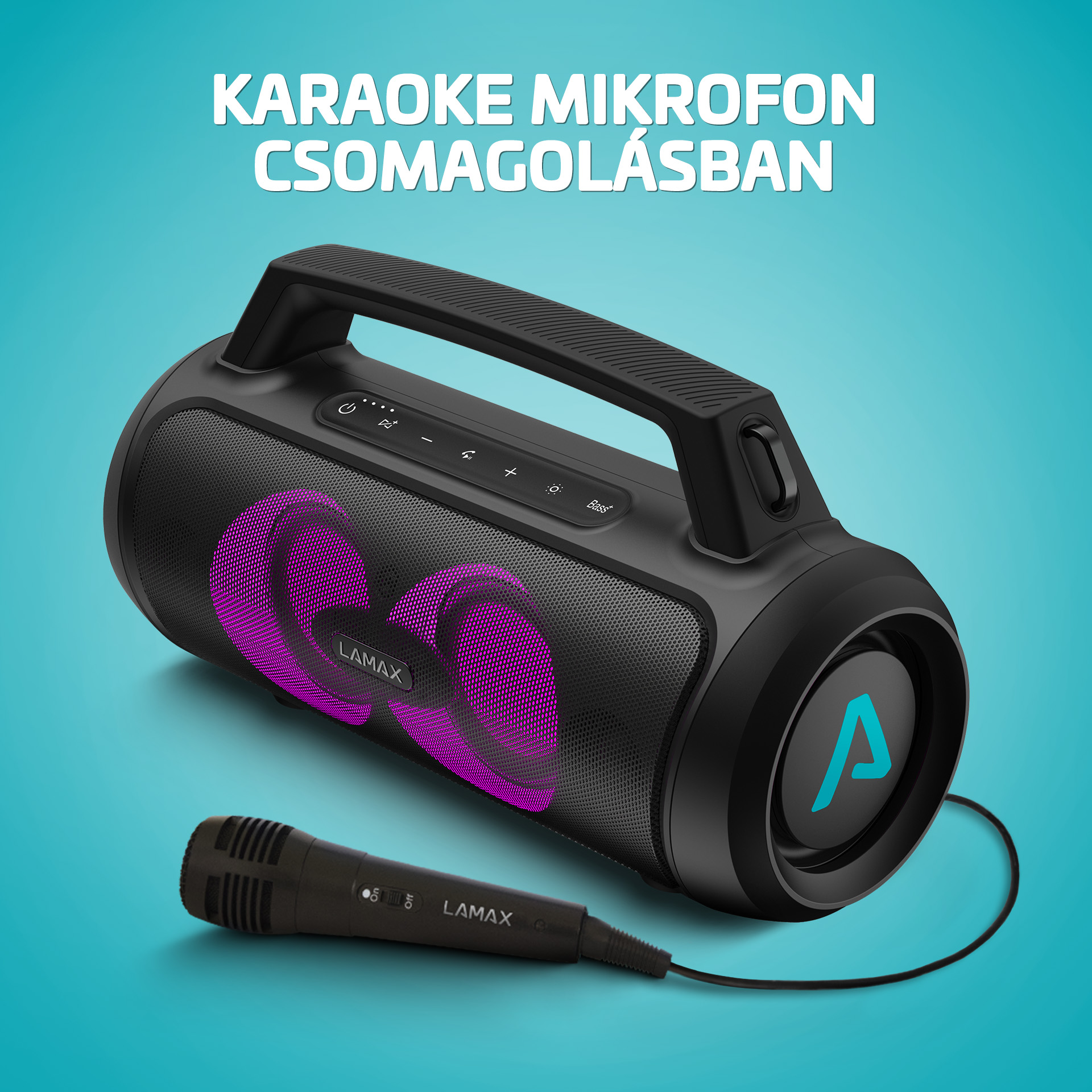 Fekete karaoke hangszóró lila fényekkel, mikrofonnal.