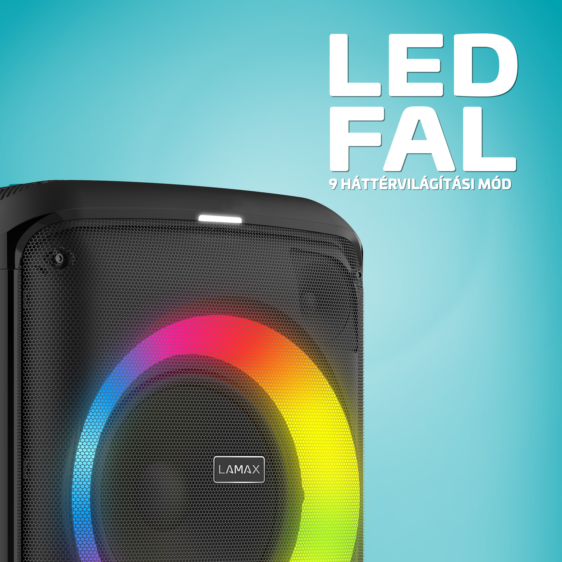 Egy fekete hangszóró színes fénygyűrűvel és a 'LED FAL' felirattal.