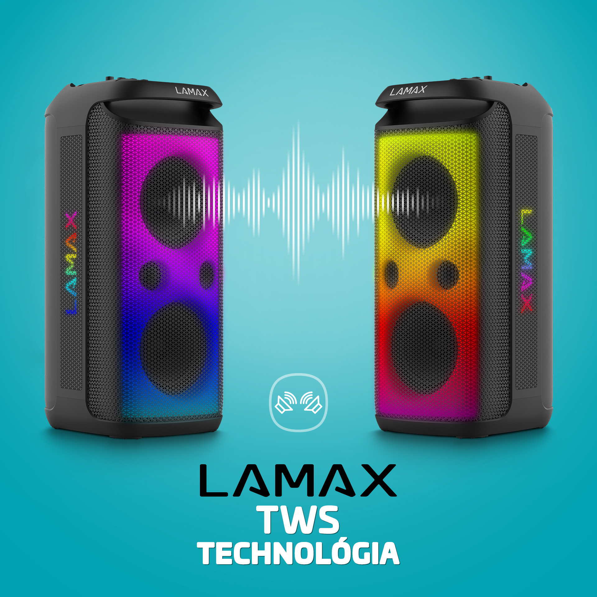 Két fekete Lamax hangszóró RGB-világítással. Hanghullámok közöttük.