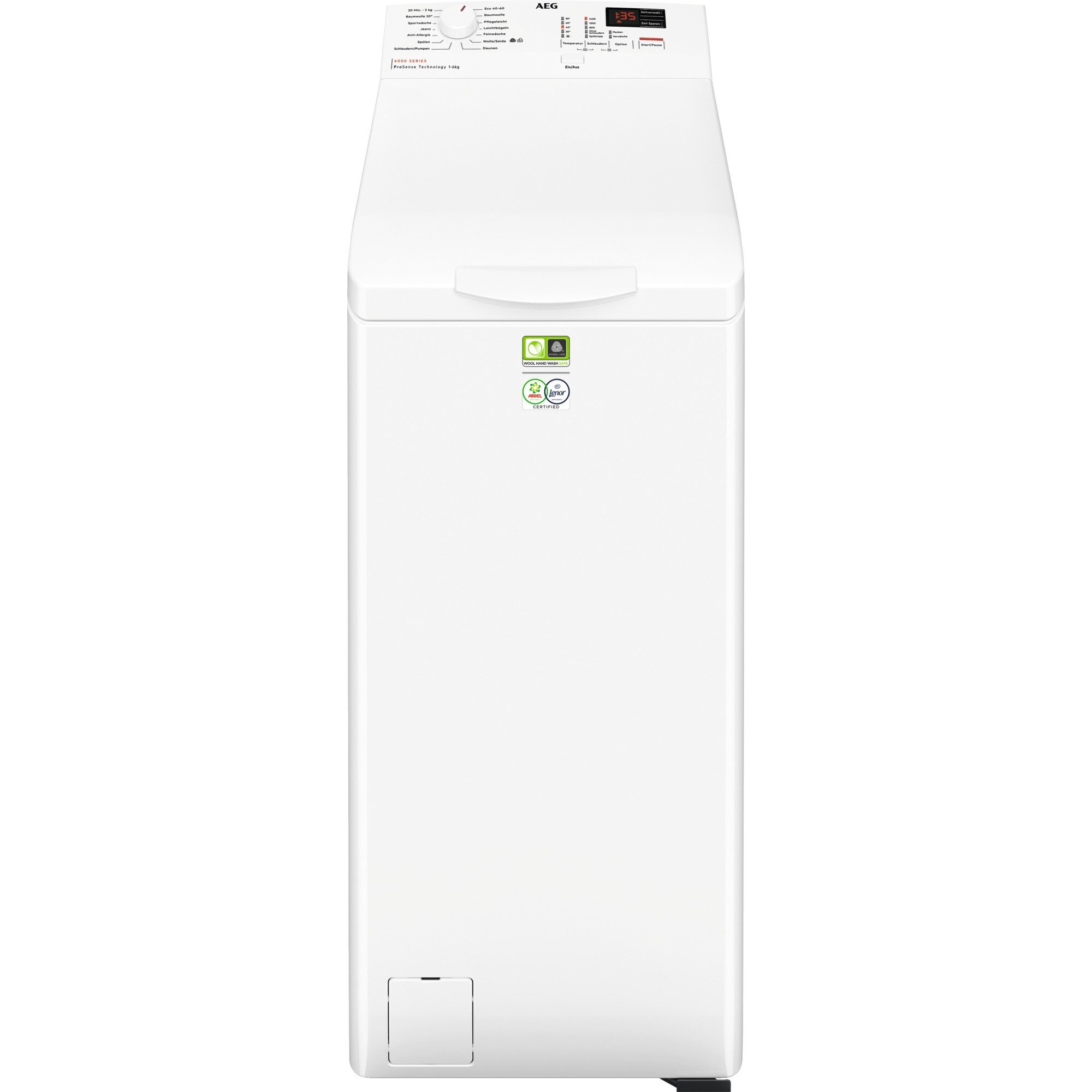 Eine weiße Waschmaschine mit Toplader. Sie hat ein Bedienfeld und eine kleine Zugangstür unten.