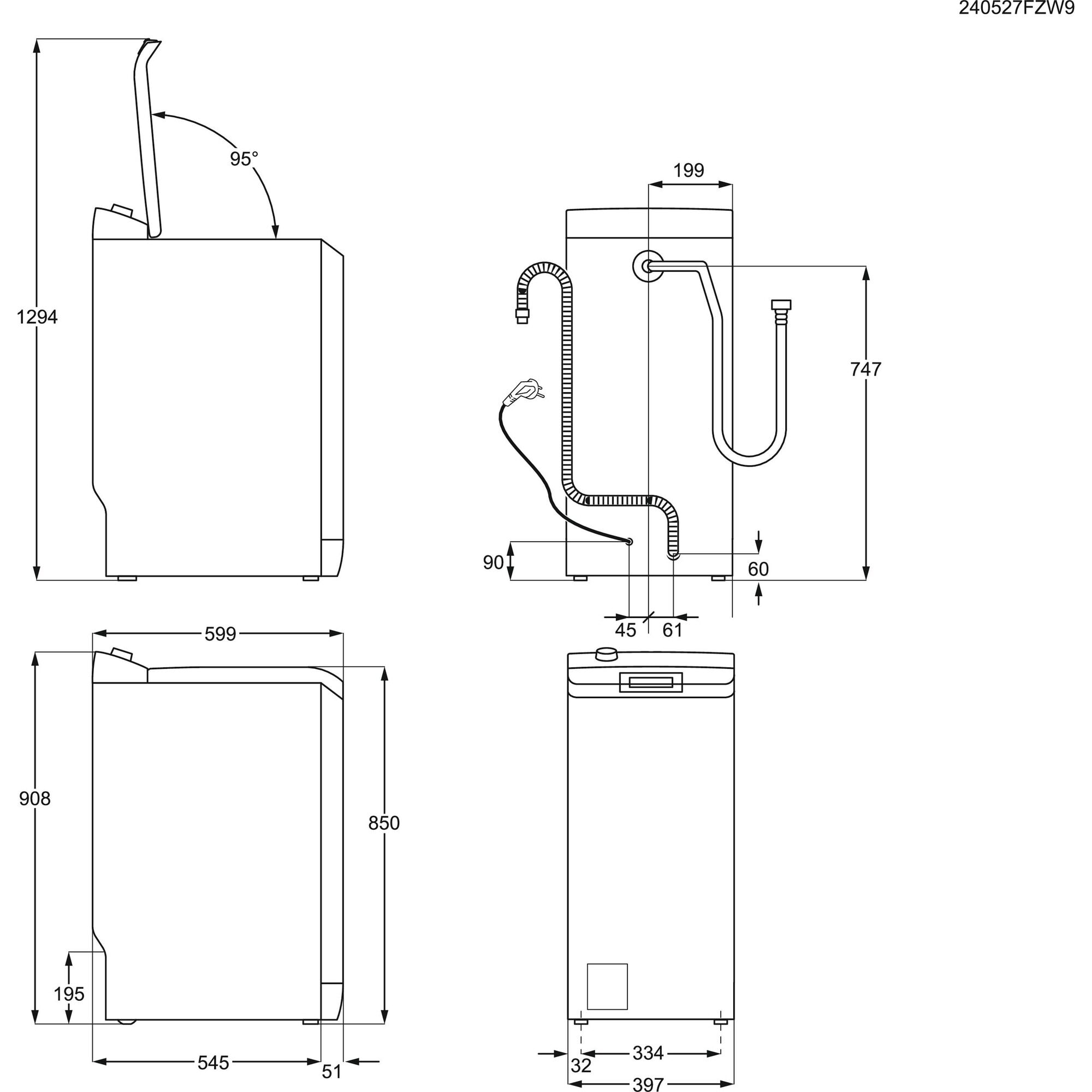 Diagramm einer weißen Waschmaschine mit Abmessungen.