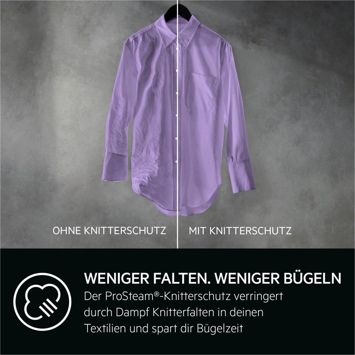 Ein violettes Hemd, gebügelt und ungebügelt, hängt an einem Bügel.