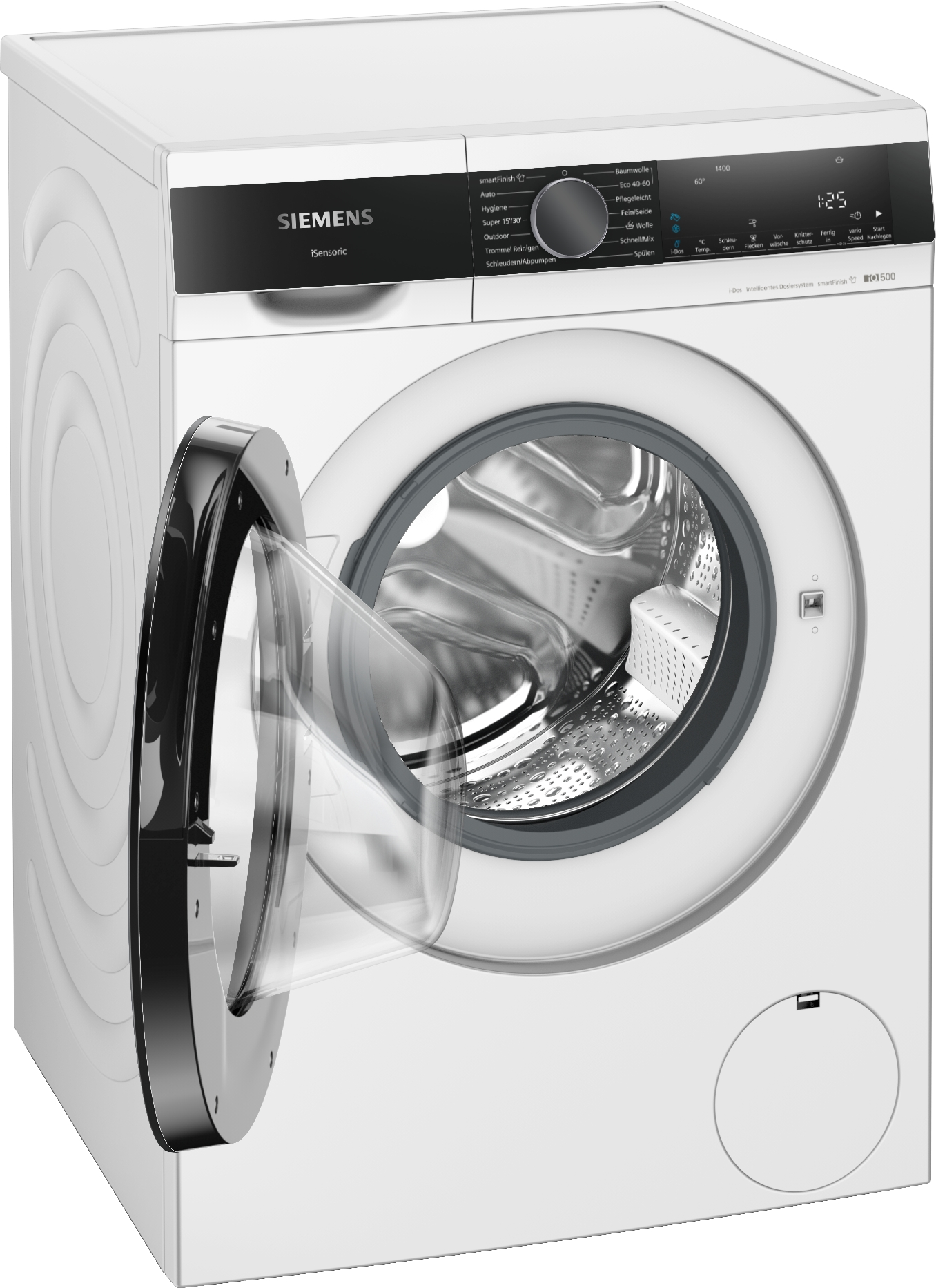 Eine weiße Siemens Waschmaschine mit geöffneter Tür und sichtbarer Trommel.