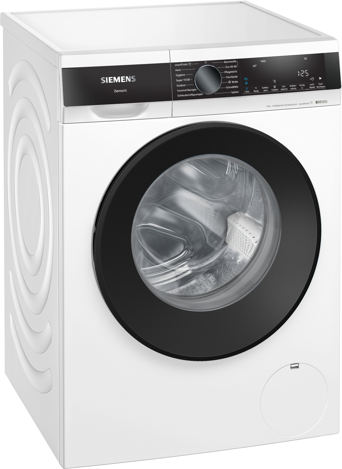 Eine weiße Siemens Waschmaschine mit schwarzer Tür und Bedienfeld.
