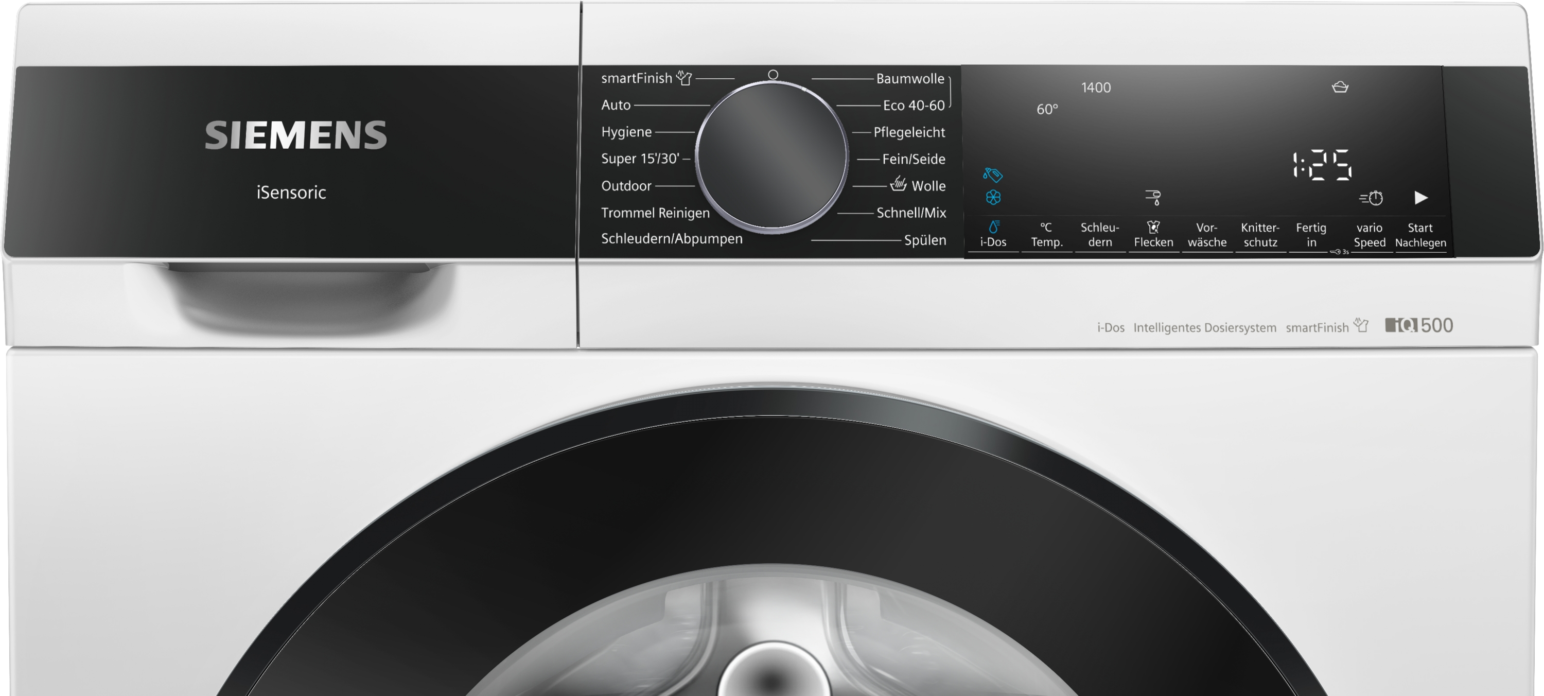 Bedienfeld einer weißen Siemens Waschmaschine mit Programmauswahl und digitaler Anzeige.