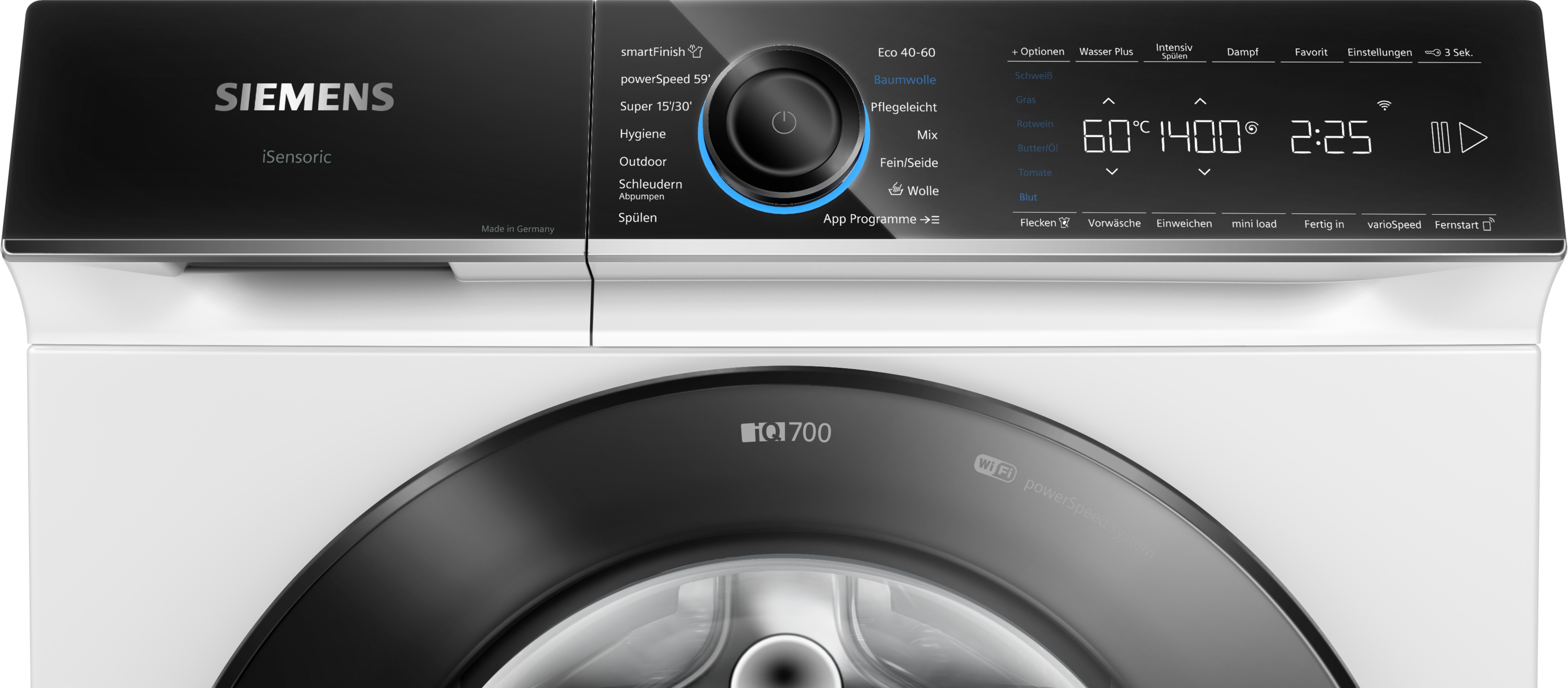 Siemens iQ700 Waschmaschinen-Bedienfeld mit Digitalanzeige, die 60 Grad und 1400 U/min anzeigt.