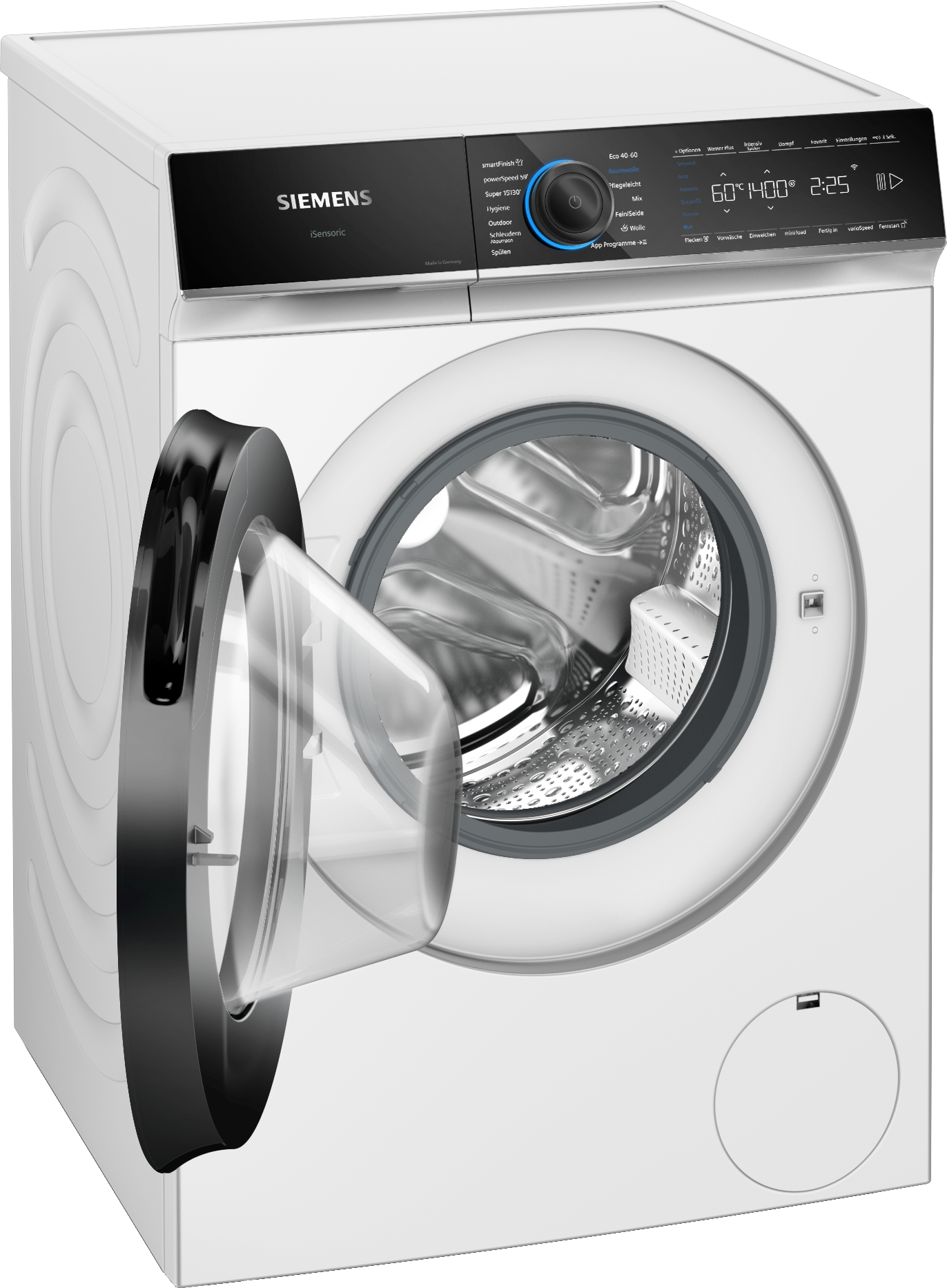 Eine weiße Siemens-Waschmaschine mit geöffneter Fronttür zeigt die Trommel im Inneren.