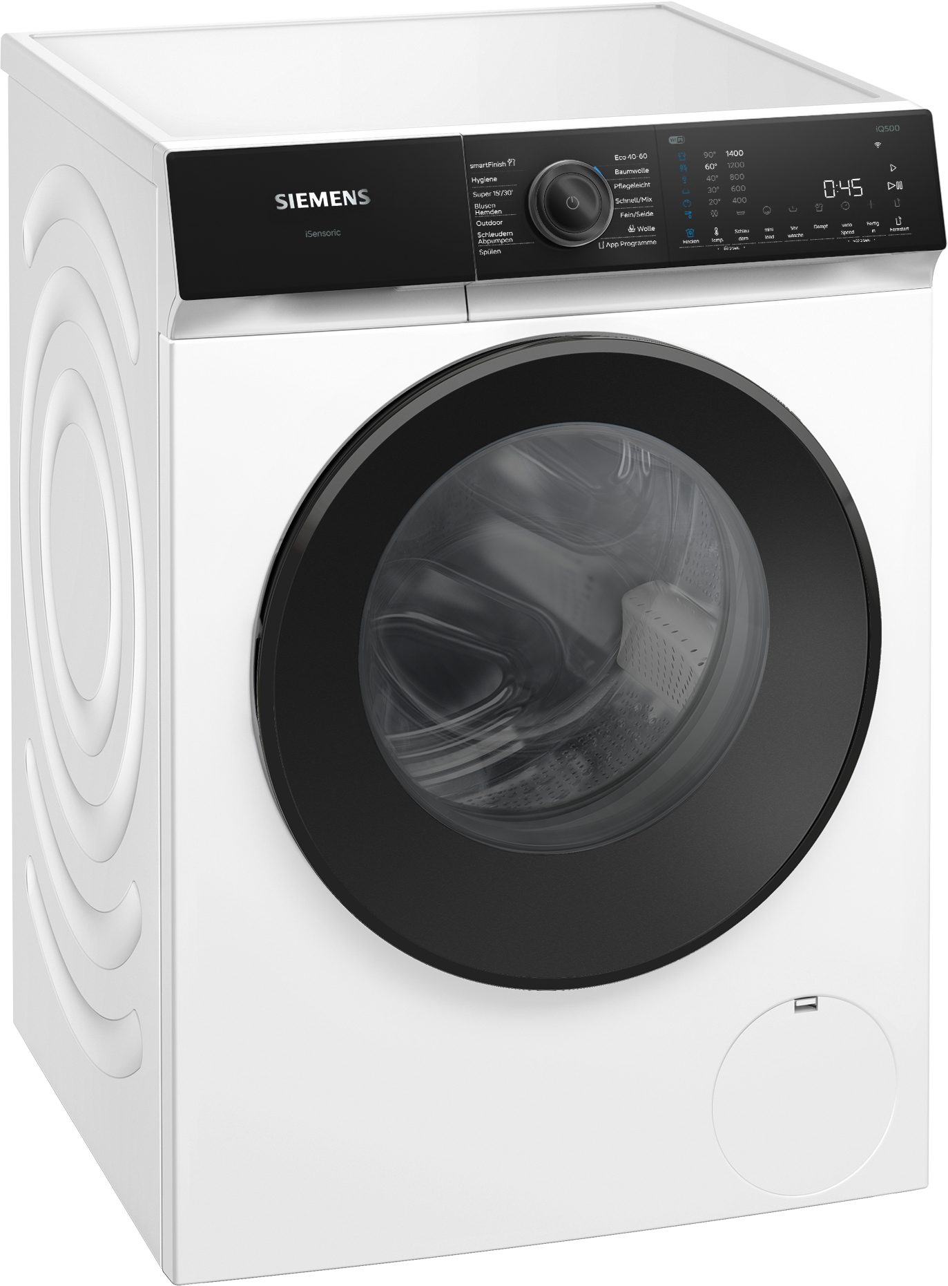 Eine weiße Siemens Waschmaschine mit schwarzer Tür, schräge Ansicht.