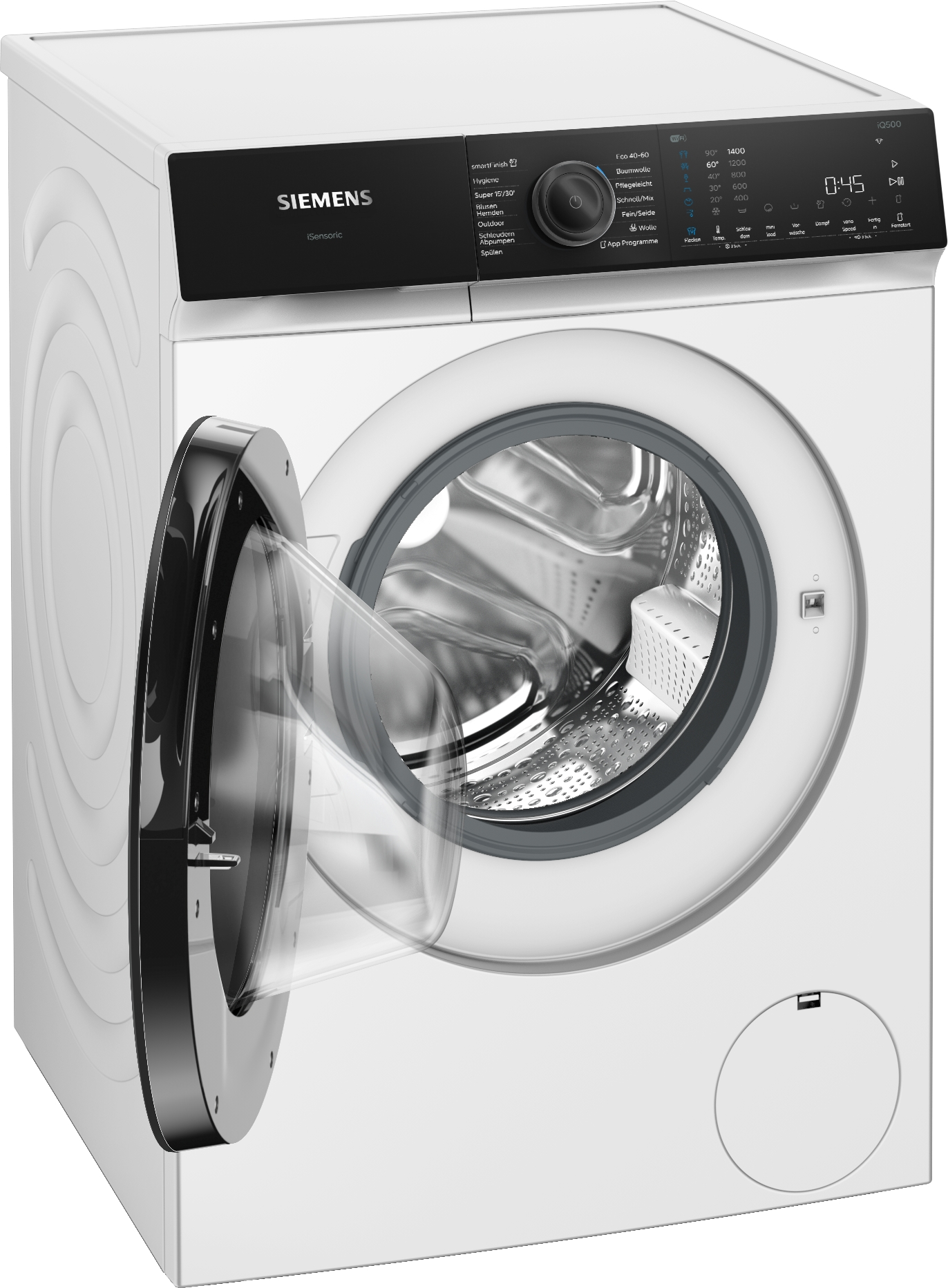 Weiße Siemens Waschmaschine mit offener Tür. Bedienfeld und Trommel sind sichtbar.