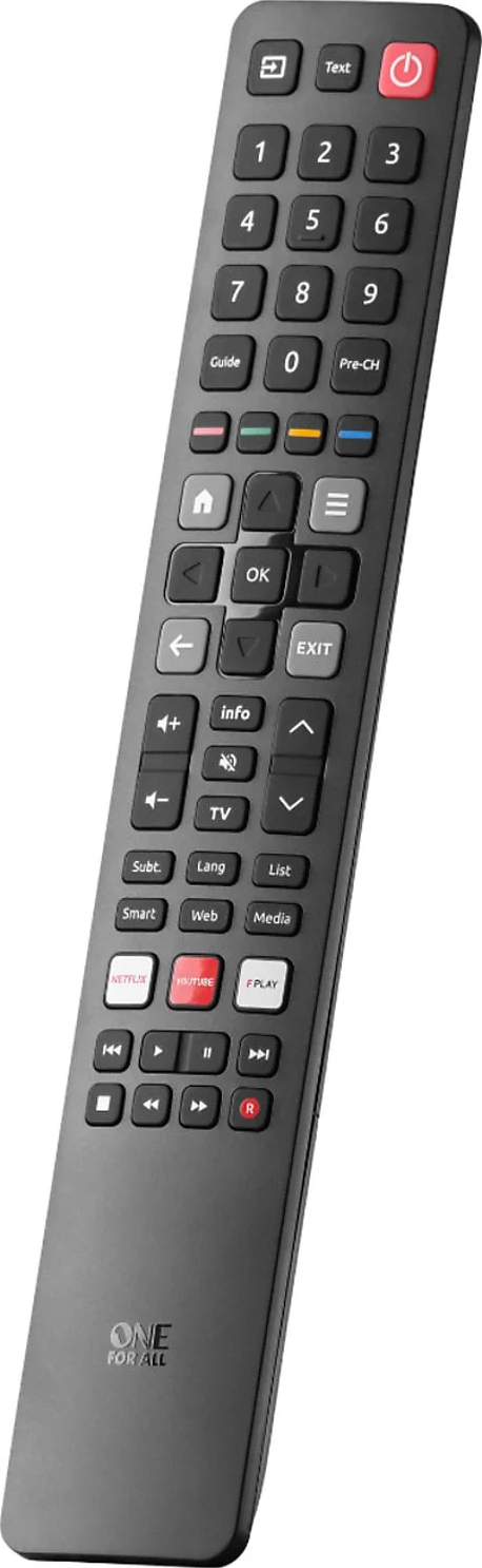 Eine schwarze TV-Fernbedienung mit vielen Tasten, darunter Zahlen, Lautstärke und Streaming-Dienste. Marke: One For All.