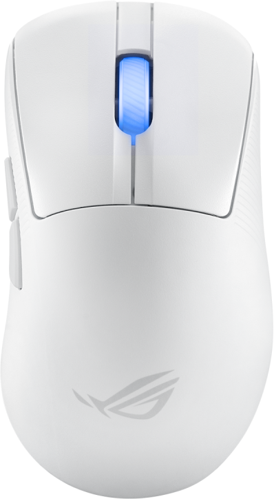 Weiße Gaming-Maus, Draufsicht, mit blauem Licht auf dem Scrollrad und ROG-Logo, weißer Hintergrund.