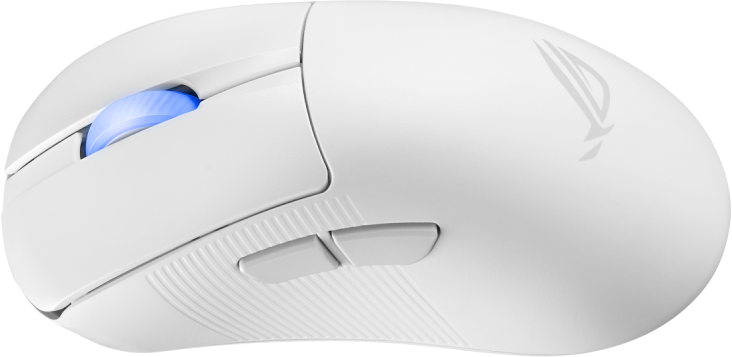 Weiße ROG Gaming-Maus mit blauem Scrollrad, zwei Tasten und einem Logo.