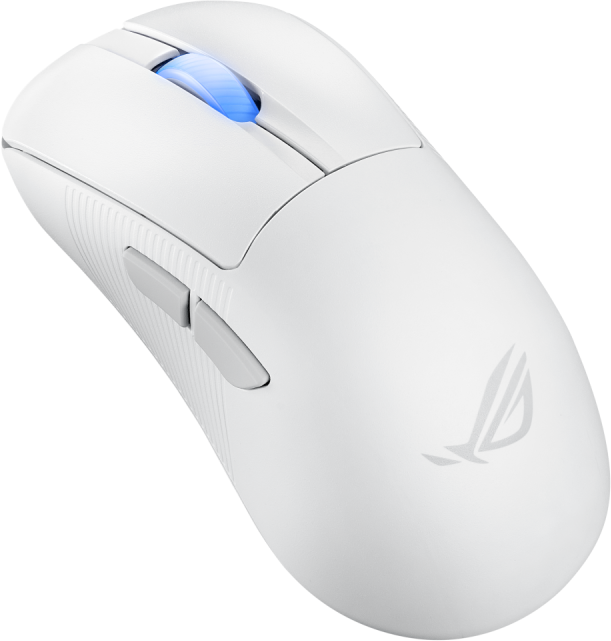 Eine weiße Gaming-Maus mit zwei grauen Seitentasten und einem blau beleuchteten Scrollrad. Das Logo ist sichtbar.