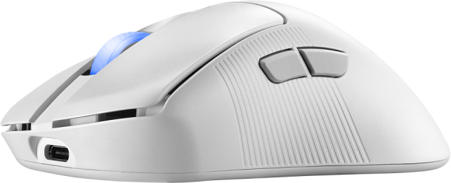 Seitenansicht einer weißen Gaming-Maus mit zwei Tasten und einem blauen Rad, isoliert auf Weiß.