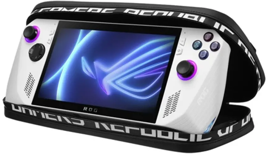 Appareil de jeu portable blanc dans un étui.