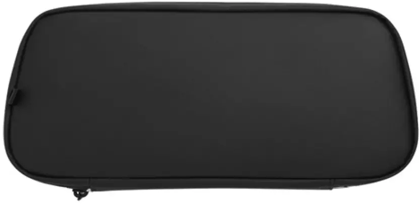 Un sac noir, vu de dessus, avec une fermeture éclair et une forme rectangulaire arrondie.