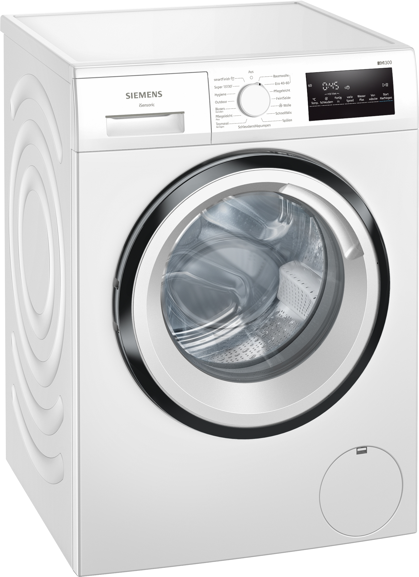 Weiße Siemens Waschmaschine, schräge Ansicht, mit geschlossener Tür.