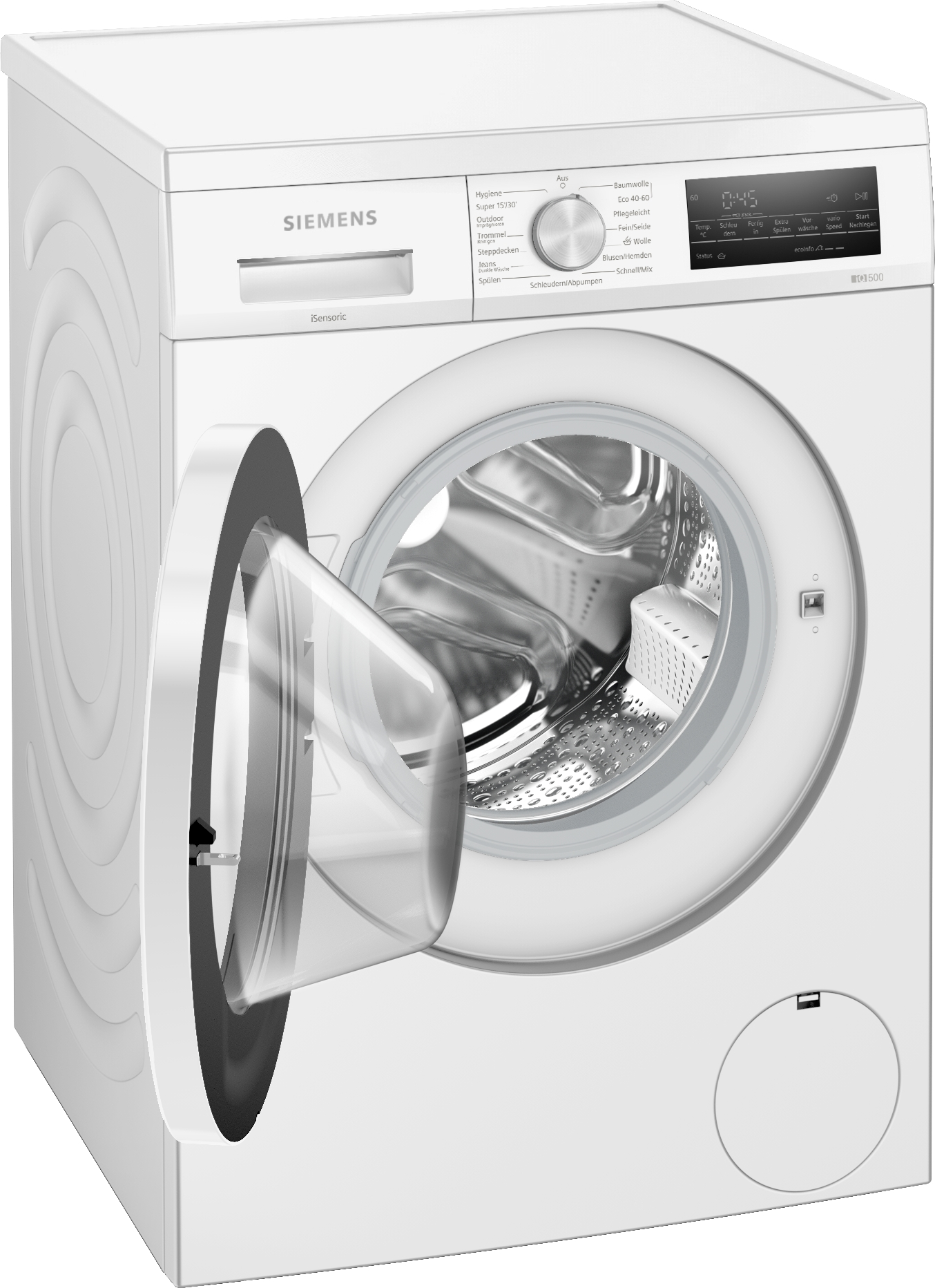 Eine weiße Siemens Waschmaschine mit offener Tür. Zeigt einen digitalen Bildschirm mit Zeit und Einstellungen.