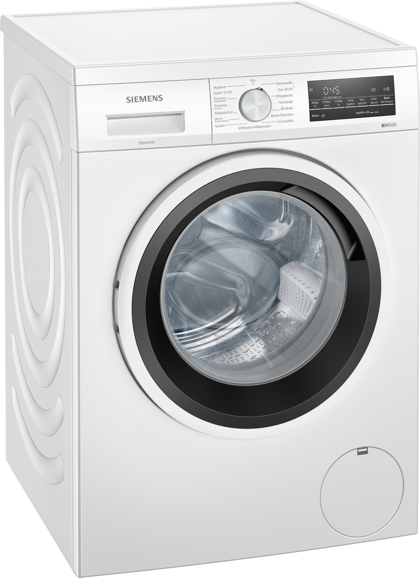 Weiße Siemens Waschmaschine. Vorderansicht, geschlossene Tür, Bedienfeld und runde Tür.